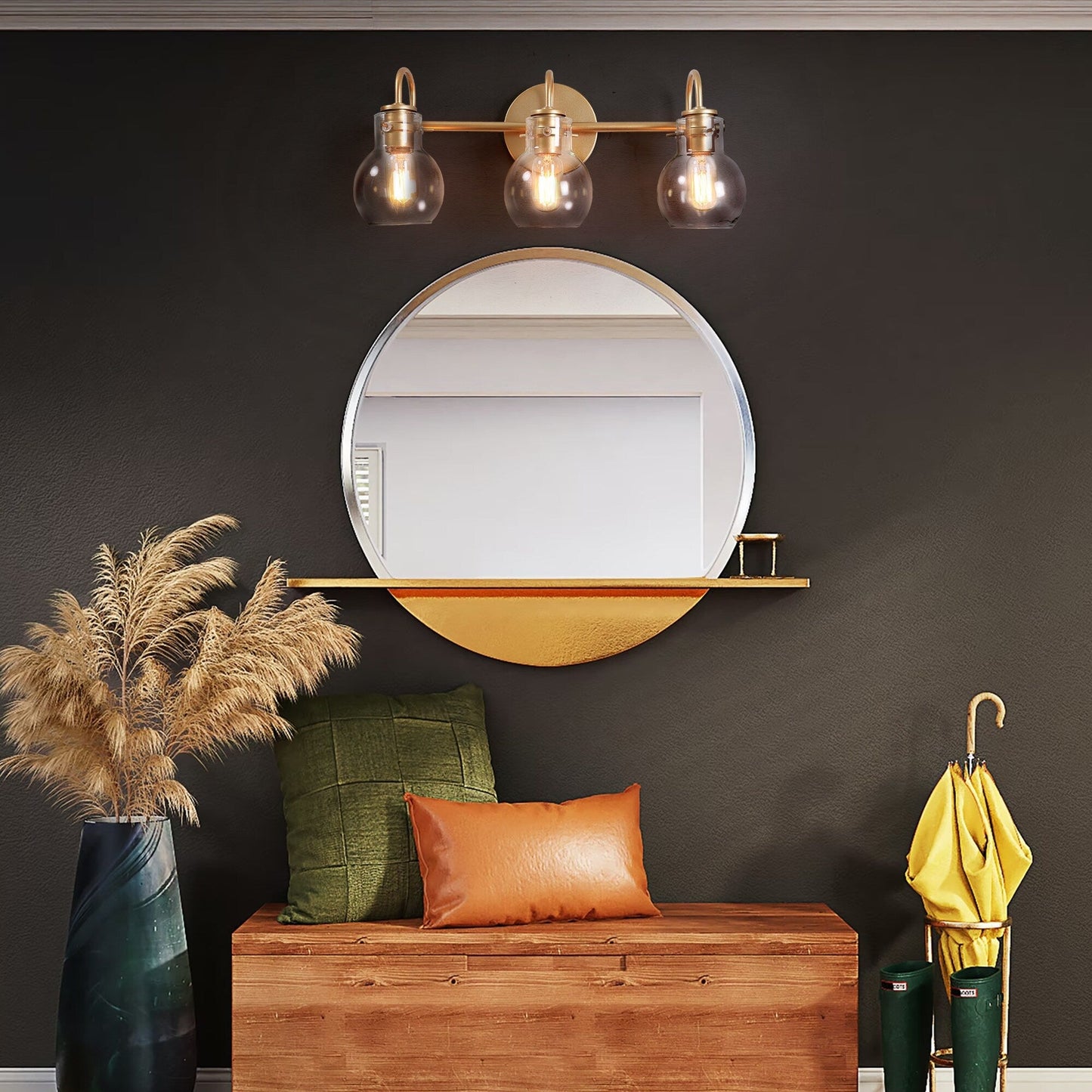 Applique murale de salle de bain à 3 lumières, style moderne, avec abat-jour en verre sphérique, couleur or.