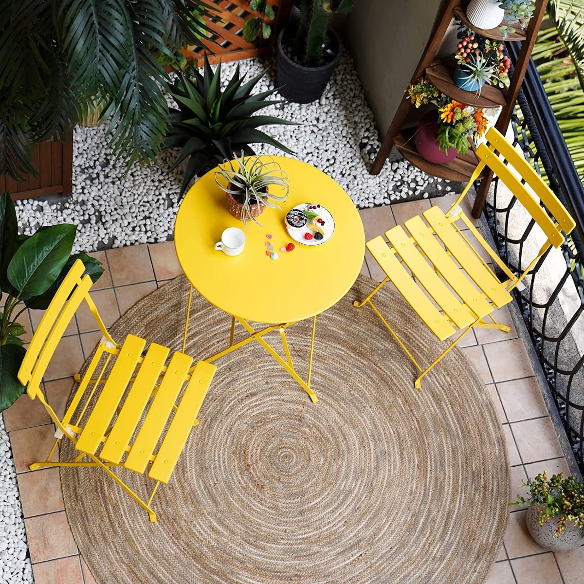 Ensemble de bistro pliable en métal 3 pièces, ensemble de conversation résistant aux intempéries pour l'intérieur et l'extérieur, pour patio, cour, jardin.