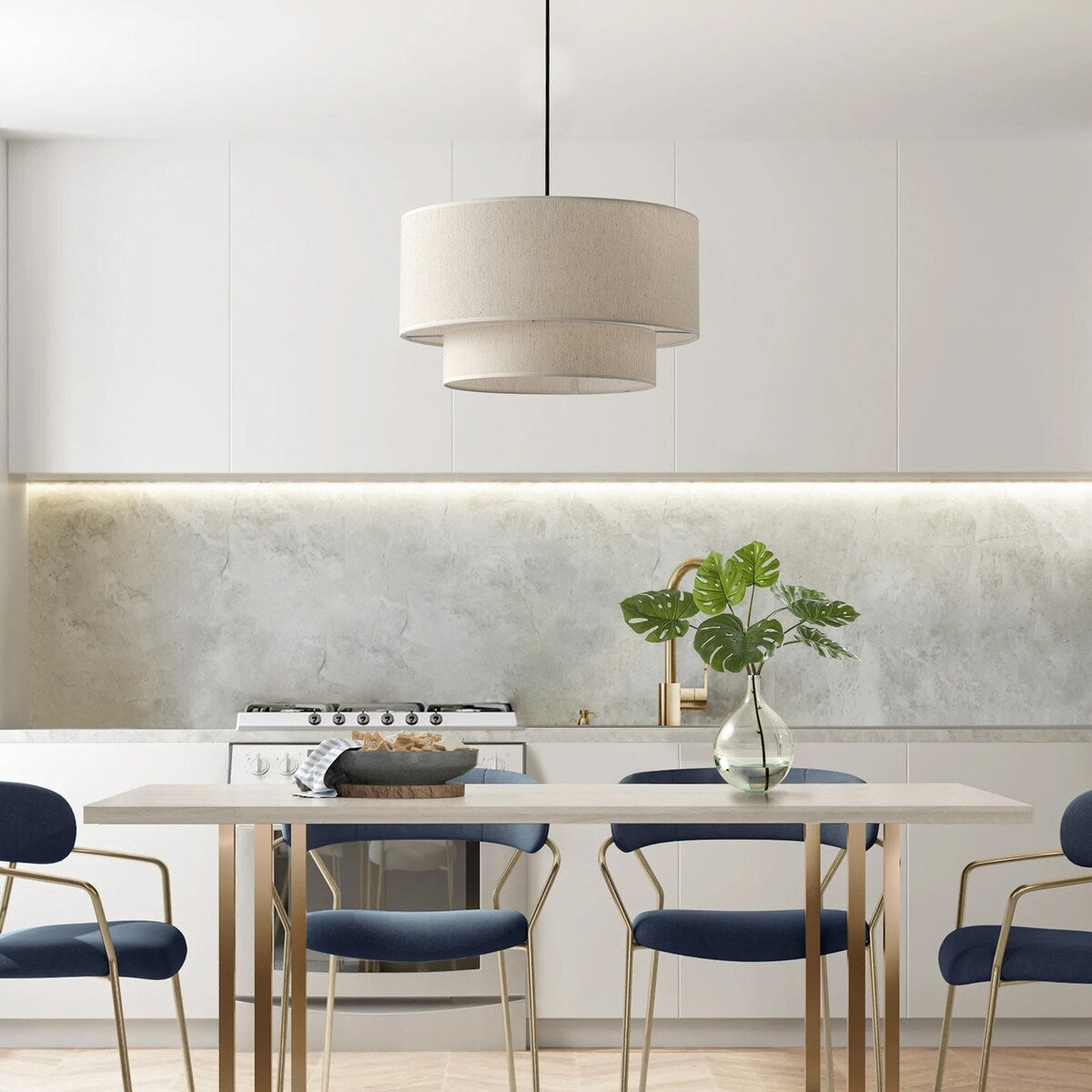 Suspension moderne en forme de tambour blanc cassé avec abat-jour en tissu de lin à 2 niveaux