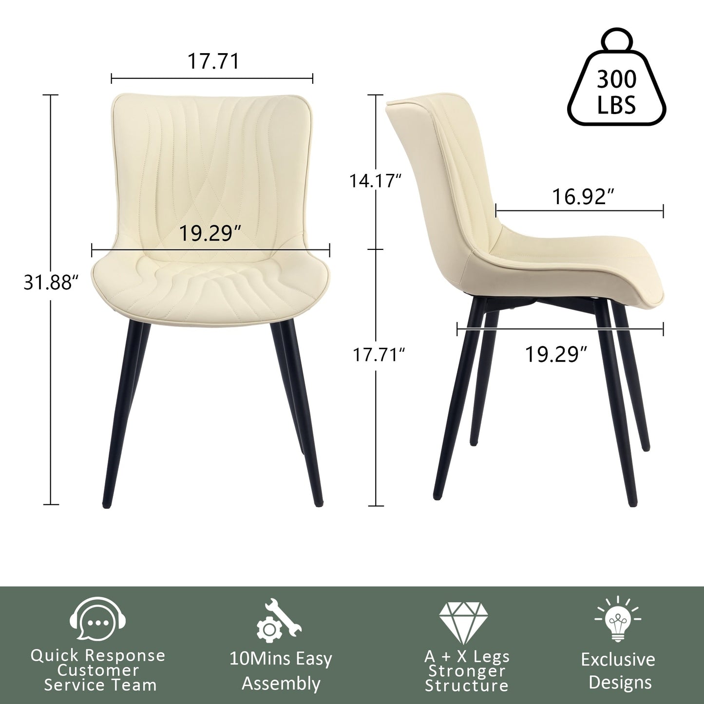 Lot de 2 chaises de salle à manger modernes en cuir capitonné sans accoudoirs
