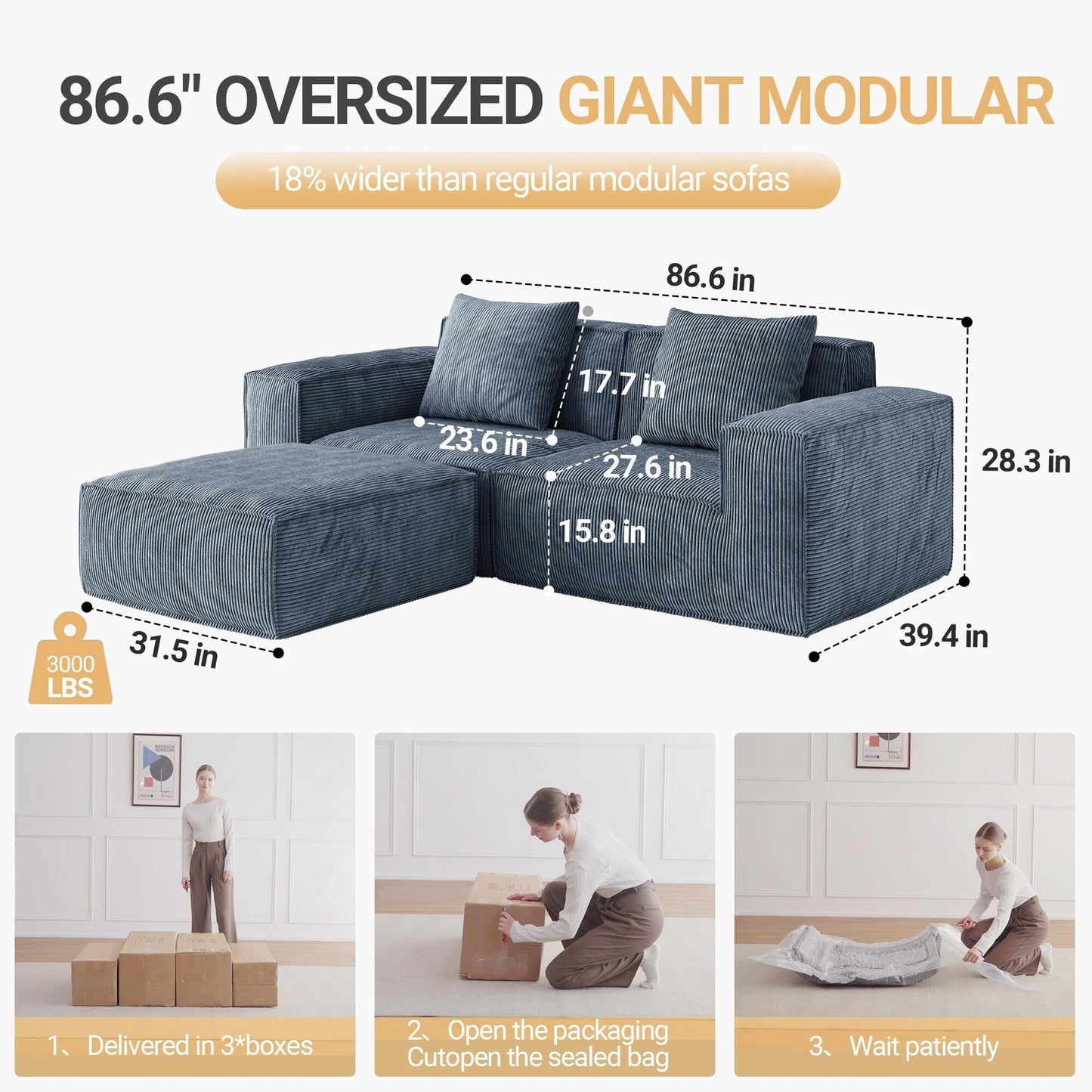 Canapé-lit convertible modulaire 2 places en velours corduroy gris.