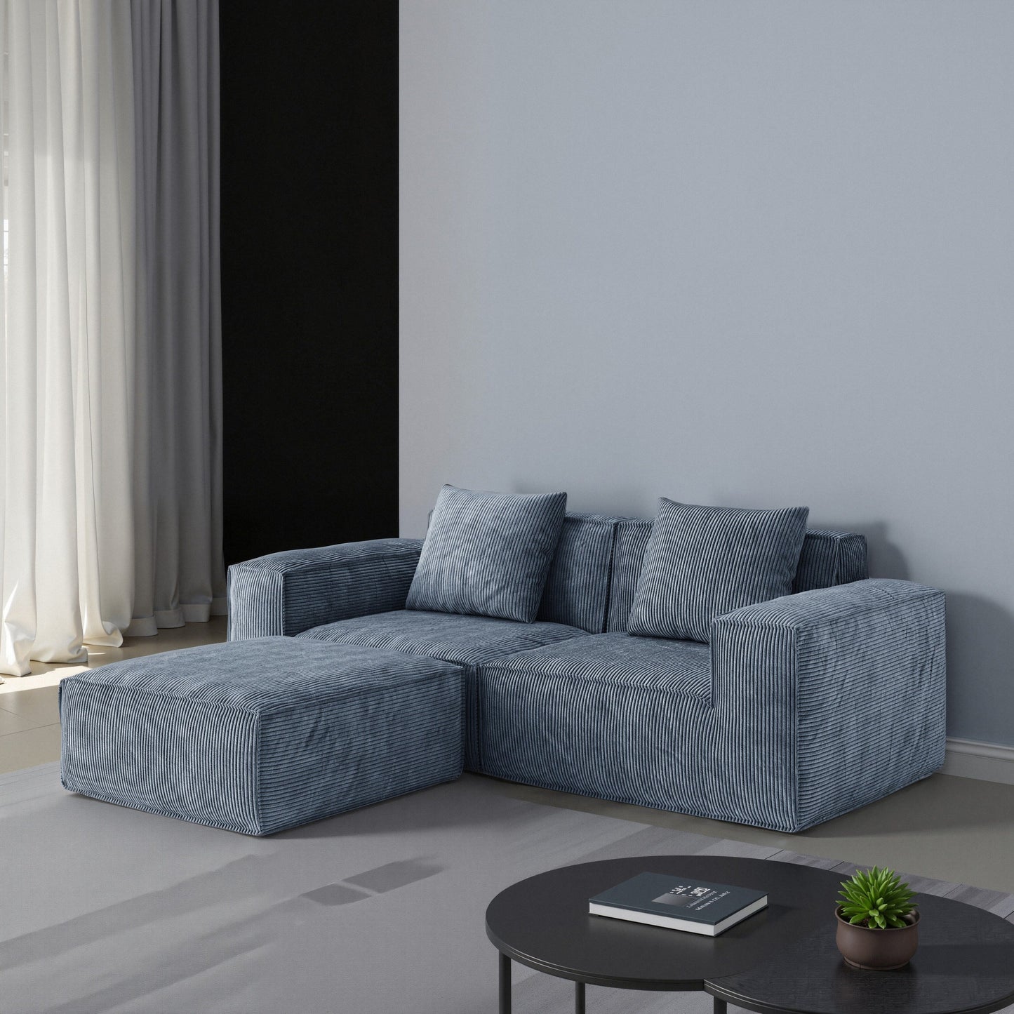 Canapé-lit convertible modulaire 2 places en velours corduroy gris.