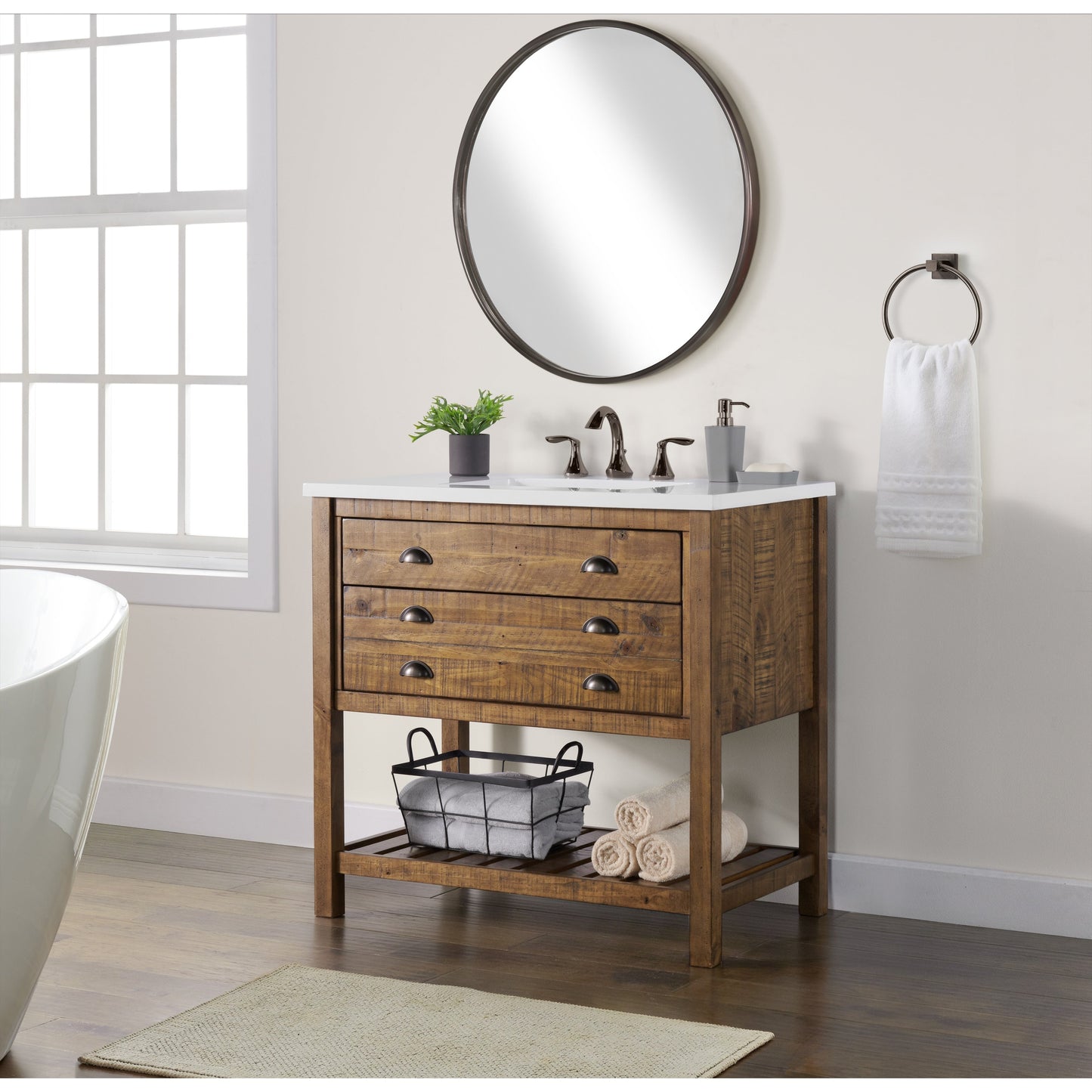 Meuble-lavabo de salle de bain simple Monterey 37, style farmhouse, avec plan de travail.