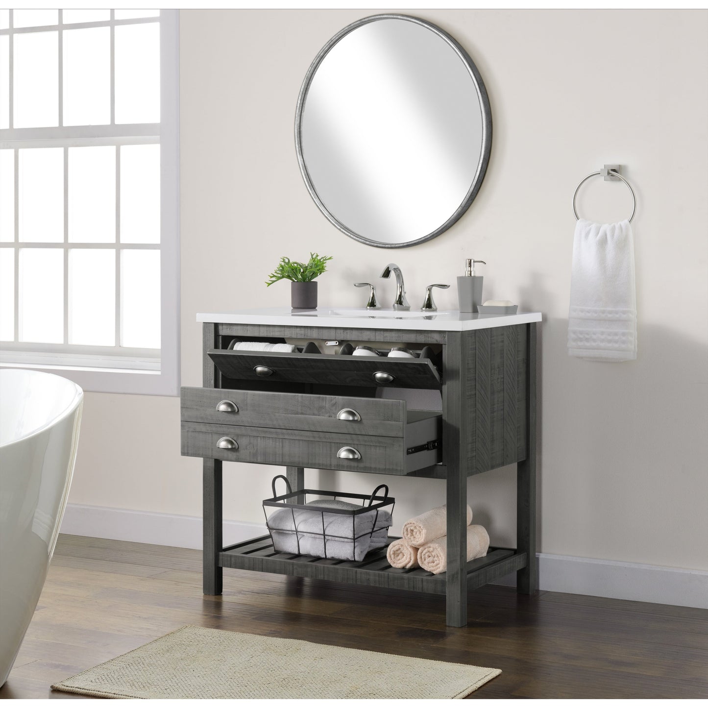 Meuble-lavabo de salle de bain simple Monterey 37, style farmhouse, avec plan de travail.