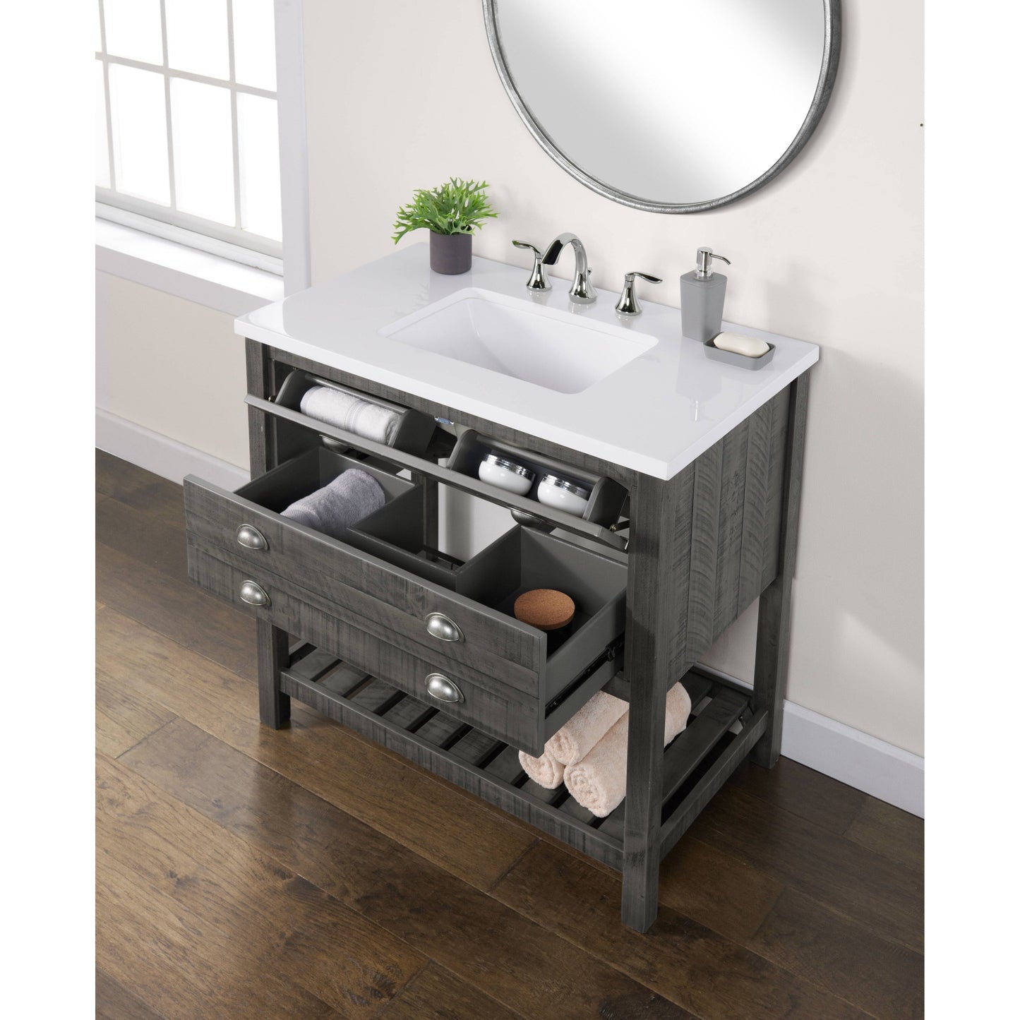 Meuble-lavabo de salle de bain simple Monterey 37, style farmhouse, avec plan de travail.