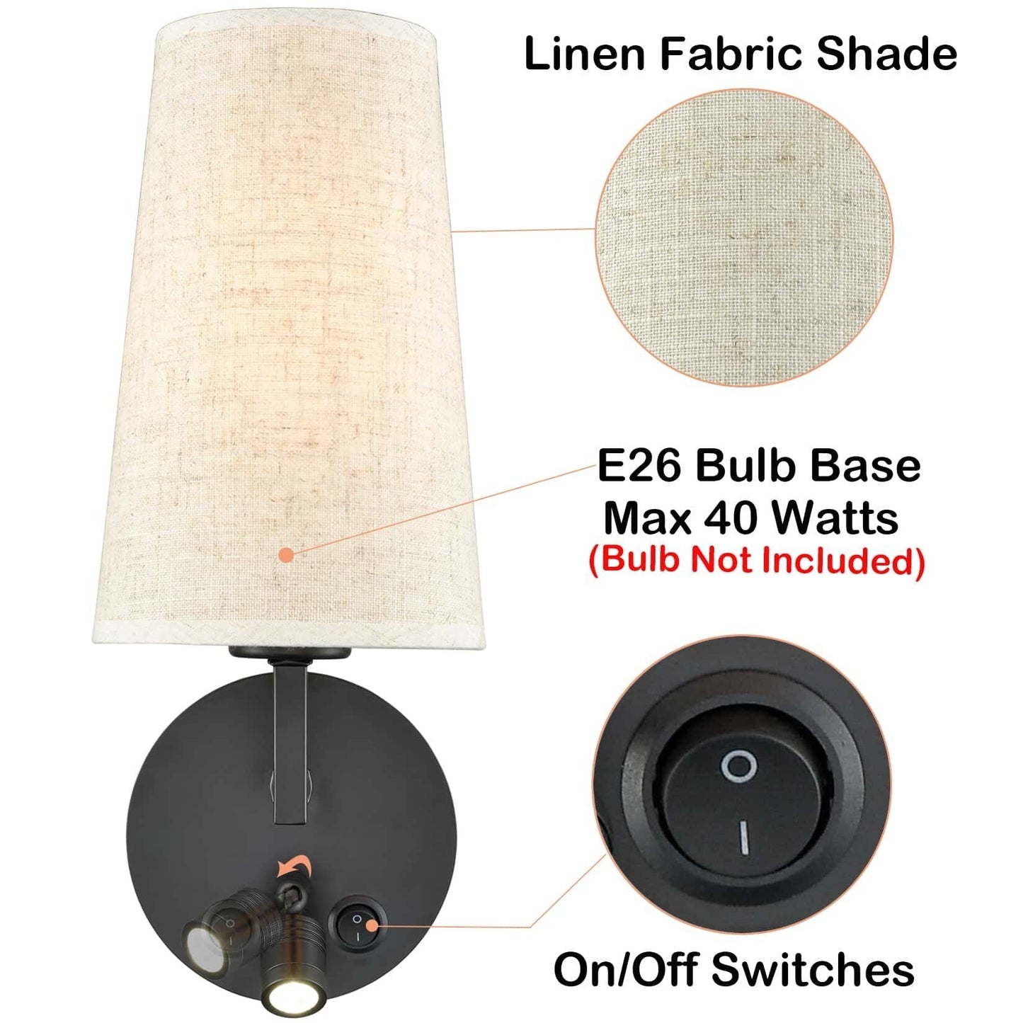 Ensemble de 2 appliques murales Morbihan, lampe murale en tissu avec port USB et interrupteur