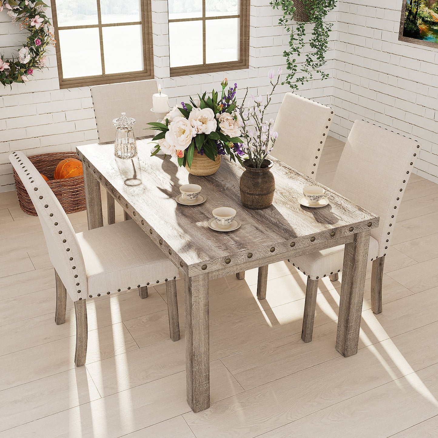 Ensemble de salle à manger Morden Fort, style farmhouse, table rectangulaire et 5 chaises.