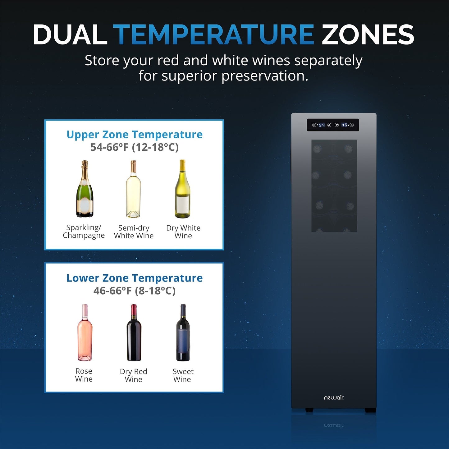 Cave à vin réfrigérante Newair Shadow-T Series, 18 bouteilles, double zone de température, autoportante, thermoélectrique, contrôle numérique