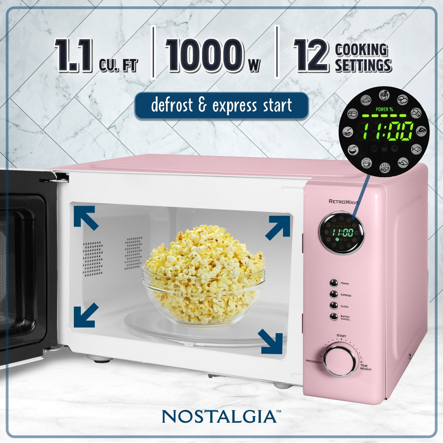 Nostalgia Retro Countertop Microwave 1.1 Cu Ft & 1000 Watt