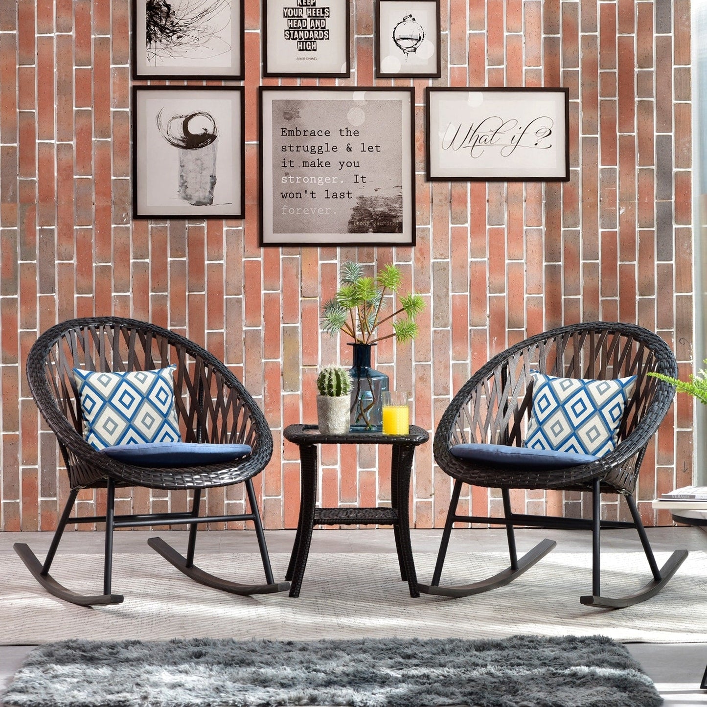 Ensemble de bistro pour terrasse OVIOS, 3 pièces, avec chaises à bascule et table basse en verre