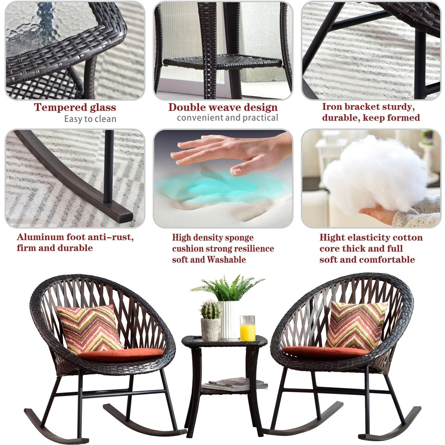 Ensemble de bistro pour terrasse OVIOS, 3 pièces, avec chaises à bascule et table basse en verre
