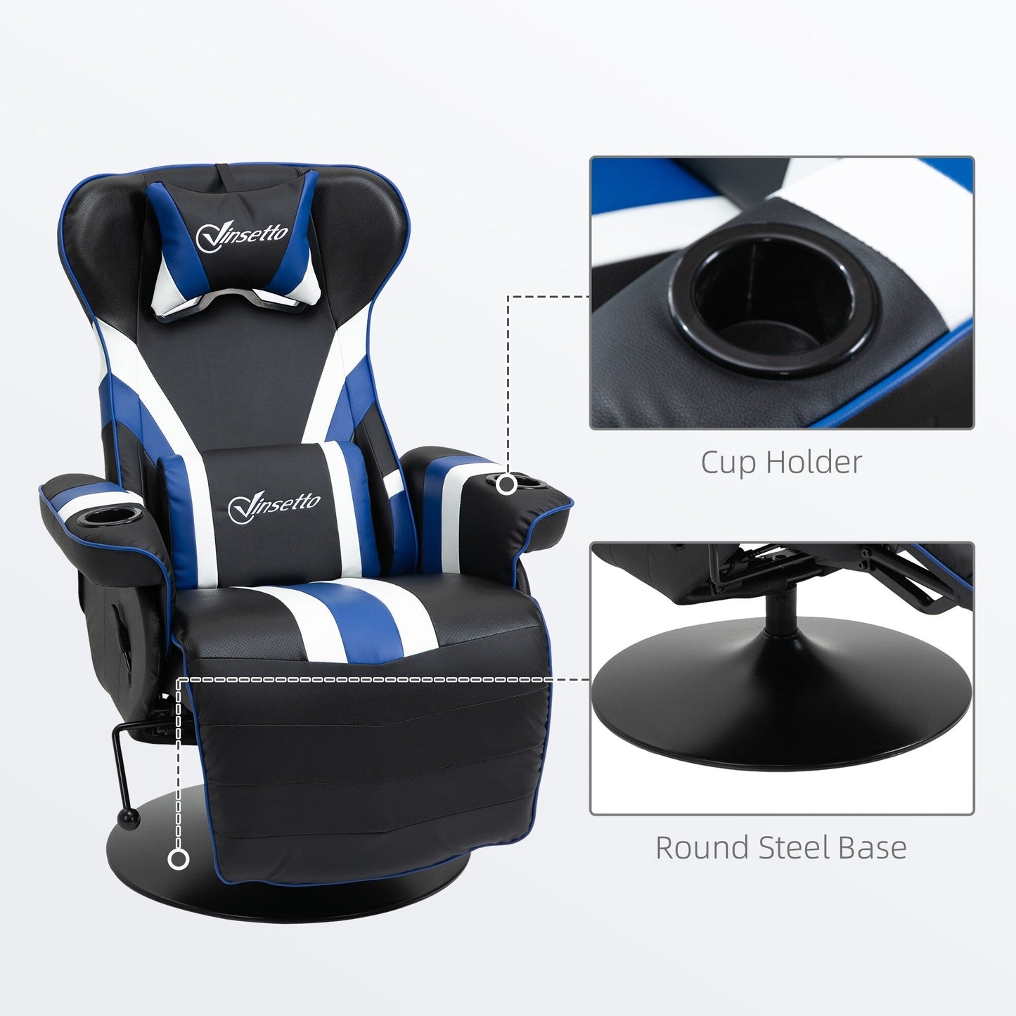Fauteuil de jeu inclinable en PVC sans accoudoirs, avec repose-pieds, porte-gobelets et surpiqûres en losanges.