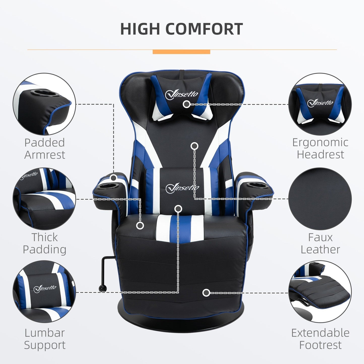 Fauteuil de jeu inclinable en PVC sans accoudoirs, avec repose-pieds, porte-gobelets et surpiqûres en losanges.