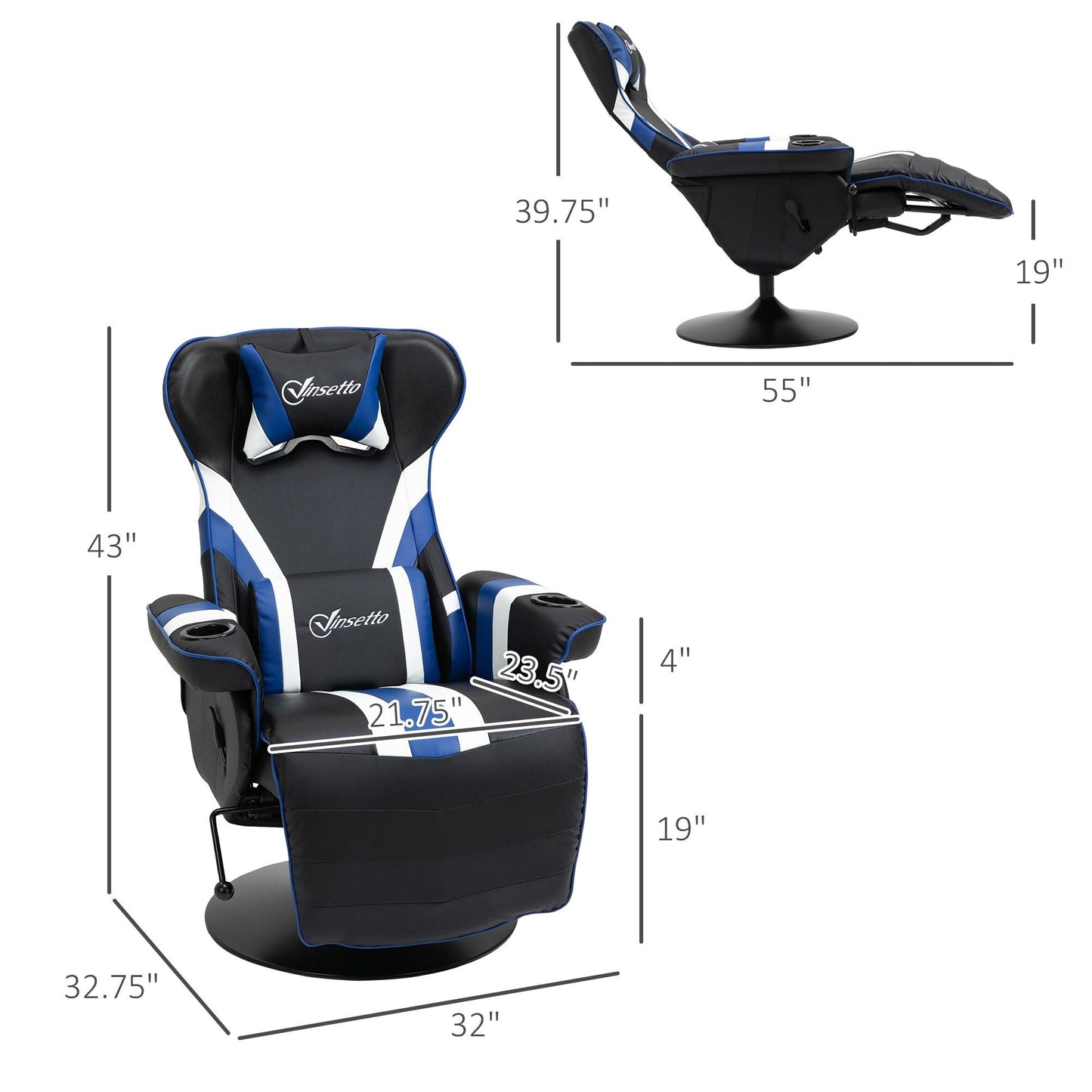 Fauteuil de jeu inclinable en PVC sans accoudoirs, avec repose-pieds, porte-gobelets et surpiqûres en losanges.