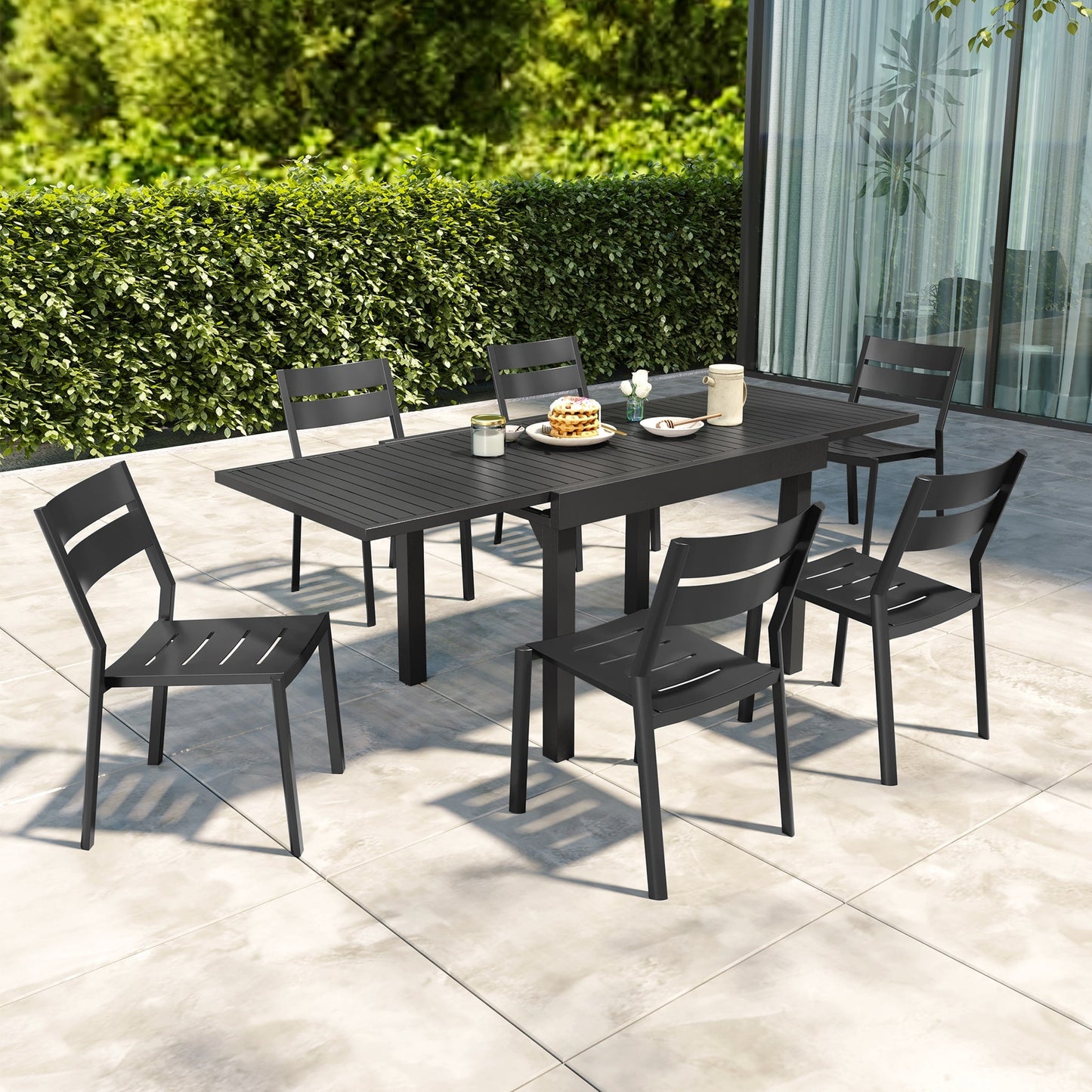 Ensemble de repas d'extérieur en aluminium Pellebant, 5/7/9 pièces, table extensible et chaises empilables