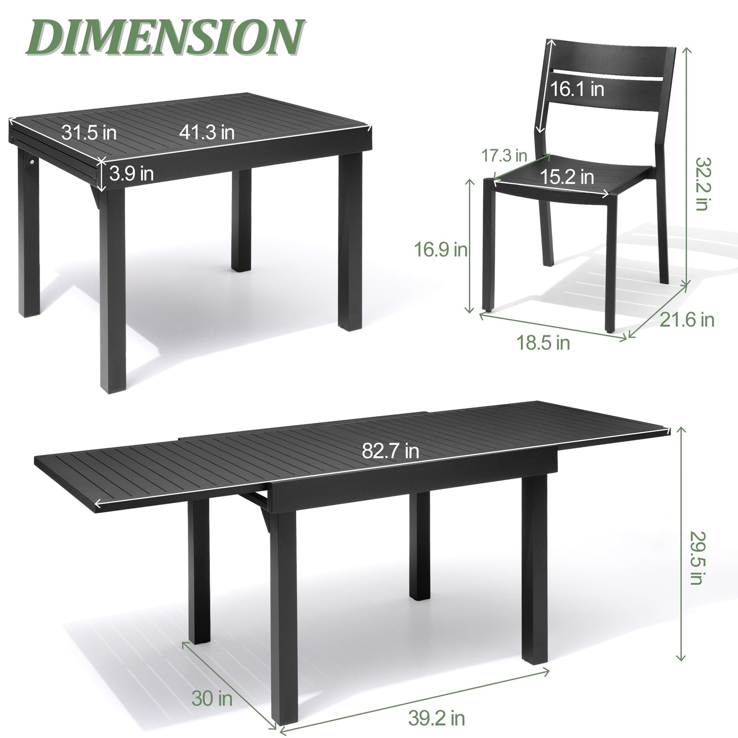 Ensemble de repas d'extérieur en aluminium Pellebant, 5/7/9 pièces, table extensible et chaises empilables
