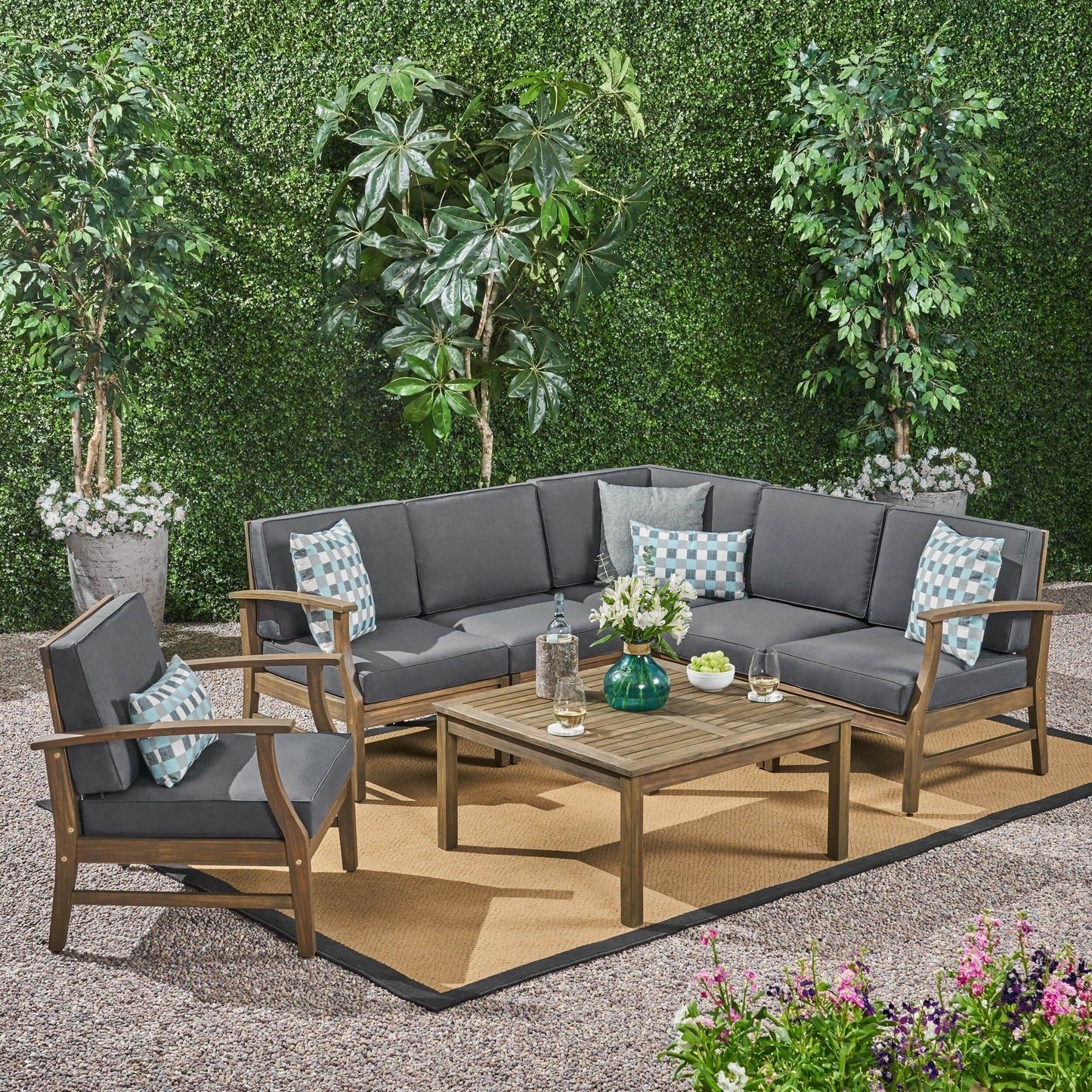 Ensemble de canapé d'extérieur Perla en bois d'acacia, 7 pièces, avec coussins, par Christopher Knight Home