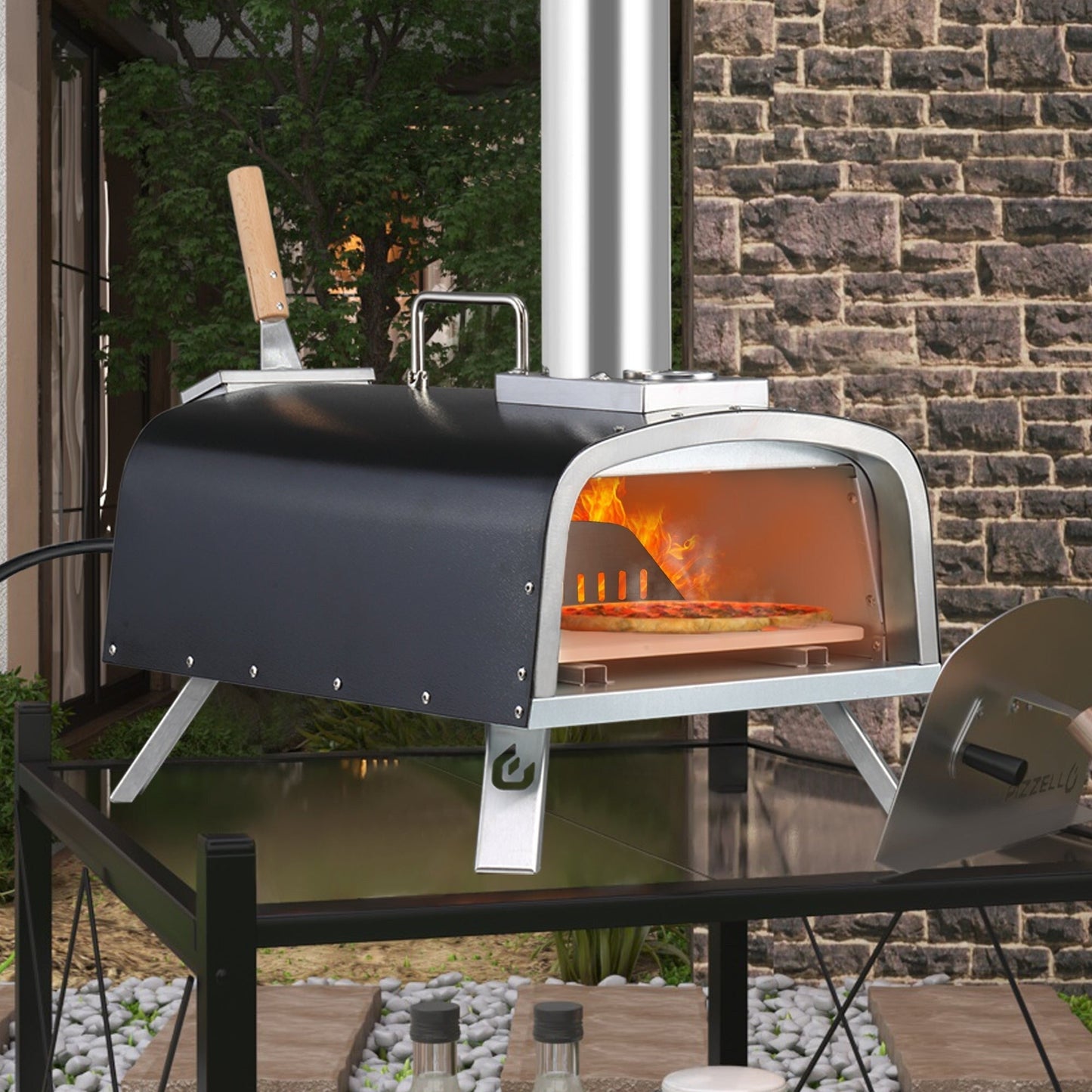 Four à pizza extérieur multi-combustible, cuiseur à pizza sur pierre avec brûleur à gaz et foyer à bois - 30 cm (12 pouces)