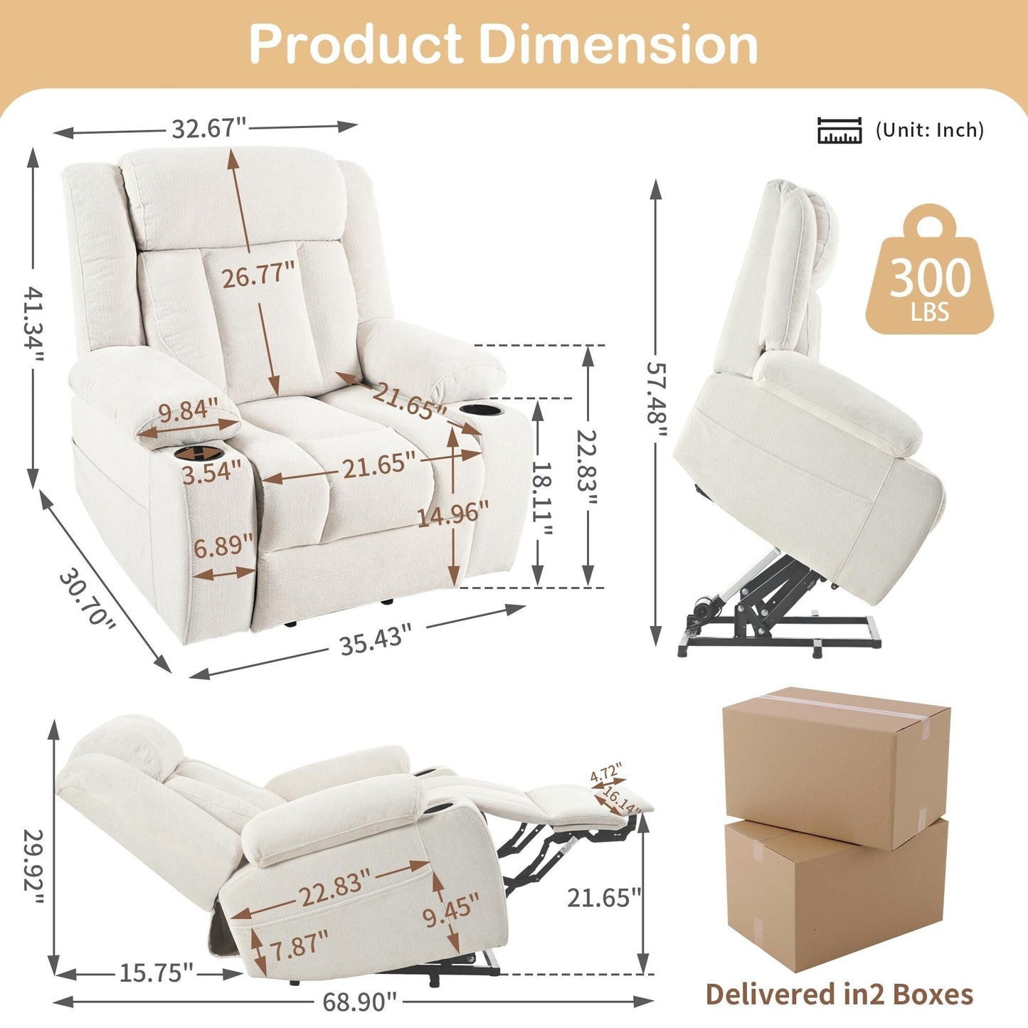 Fauteuil releveur électrique pour personnes âgées, fauteuils releveurs en tissu avec repose-pieds extensible, avec 2 porte-gobelets, poches latérales, télécommande.