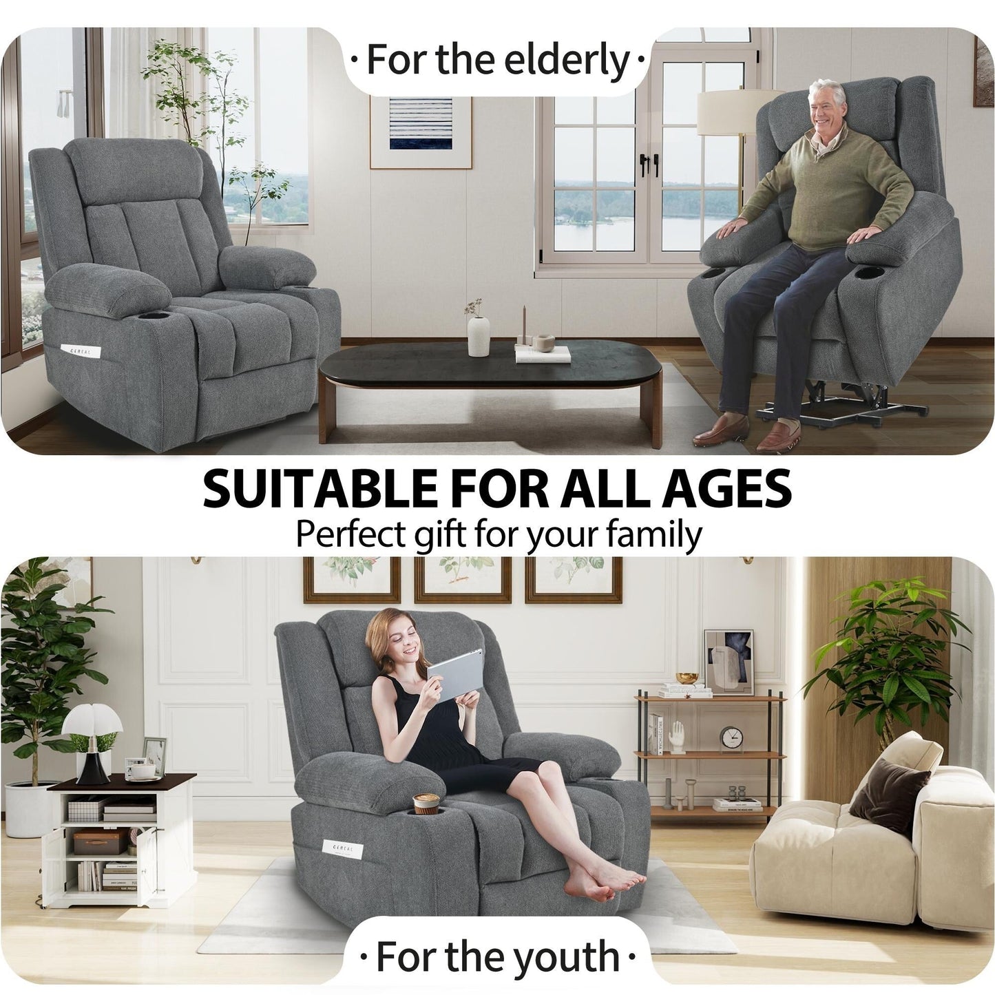 Fauteuil releveur électrique pour personnes âgées, fauteuils releveurs en tissu avec repose-pieds extensible, avec 2 porte-gobelets, poches latérales, télécommande.