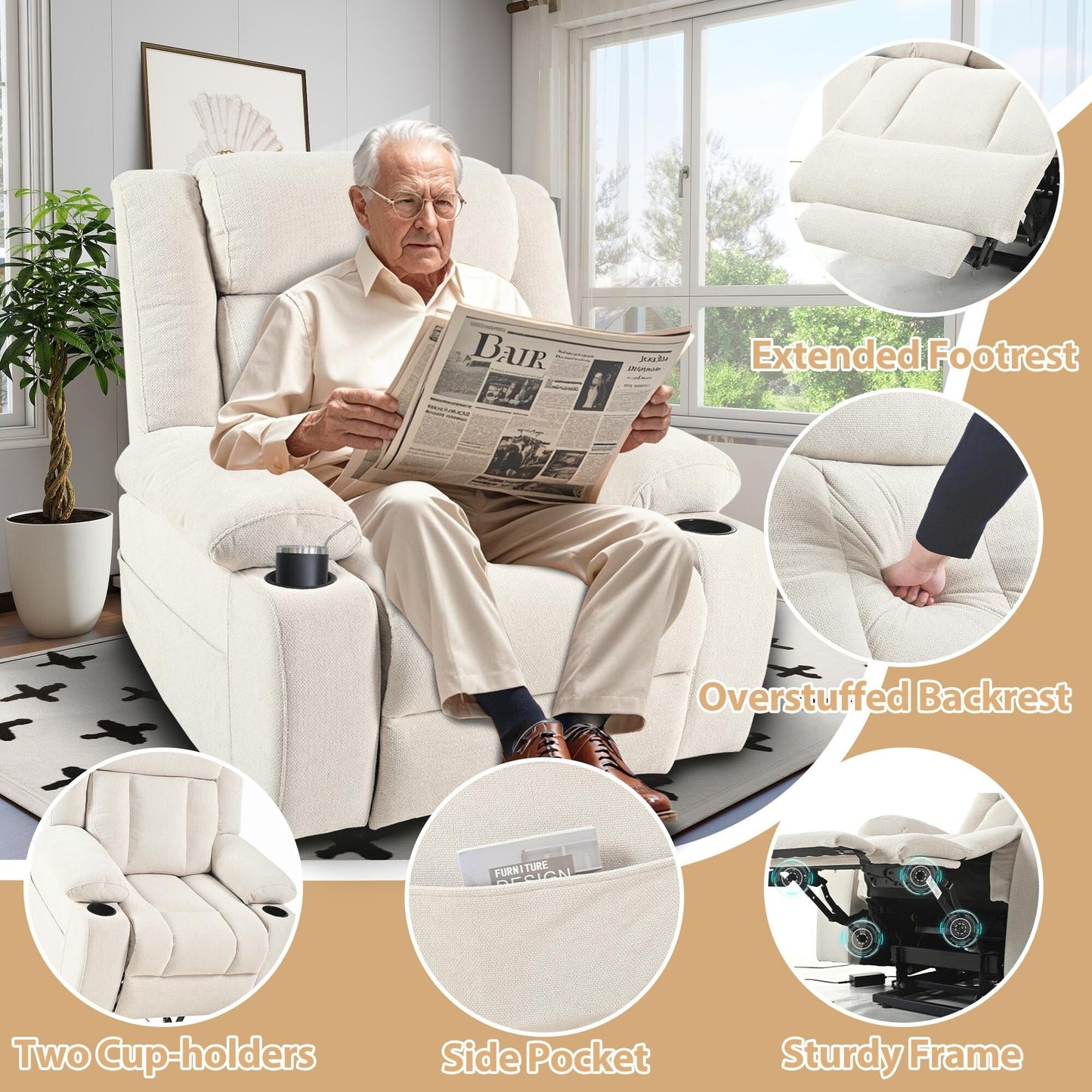 Fauteuil releveur électrique pour personnes âgées, fauteuils releveurs en tissu avec repose-pieds extensible, avec 2 porte-gobelets, poches latérales, télécommande.