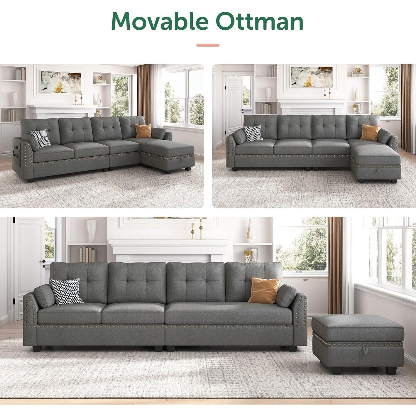 Canapé d'angle réversible, canapé en forme de L, canapé convertible, canapé 4 places, canapé d'angle pour appartement, gris foncé.