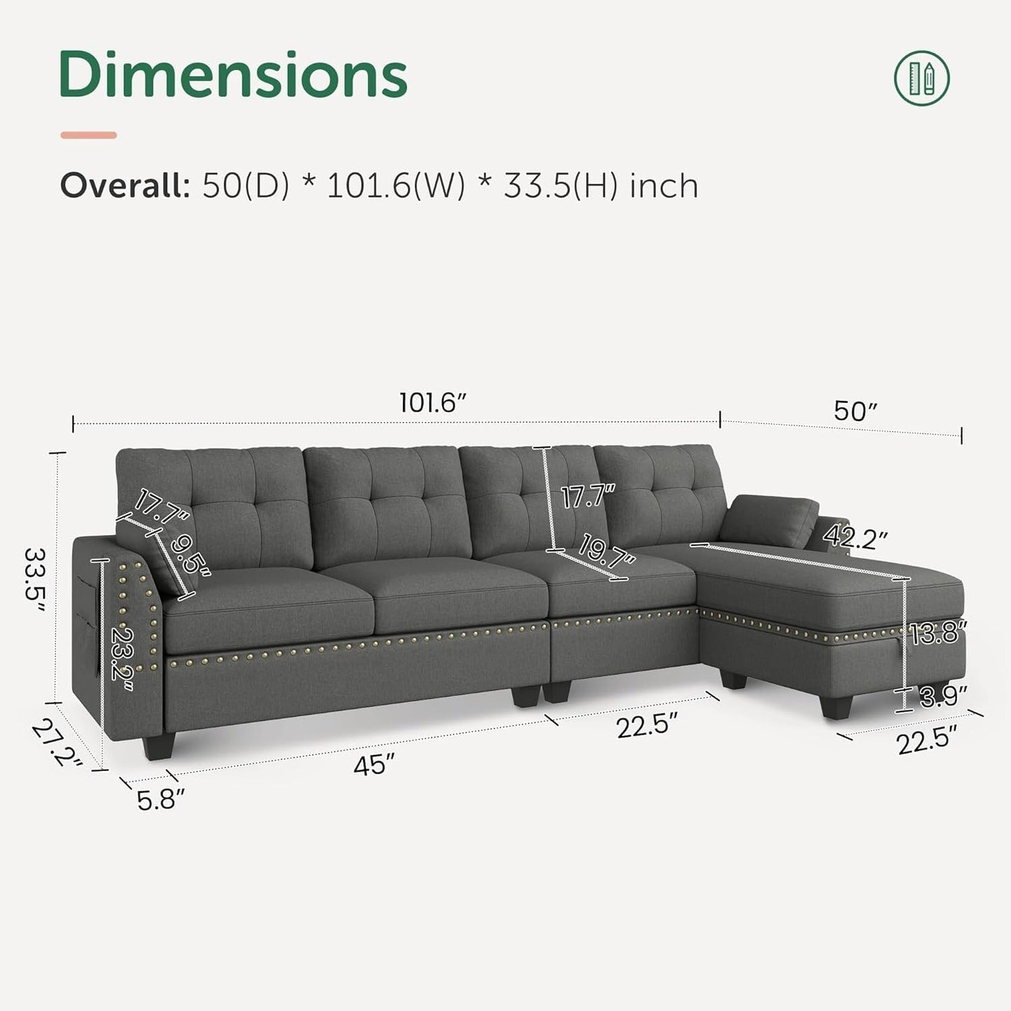 Canapé d'angle réversible, canapé en forme de L, canapé convertible, canapé 4 places, canapé d'angle pour appartement, gris foncé.