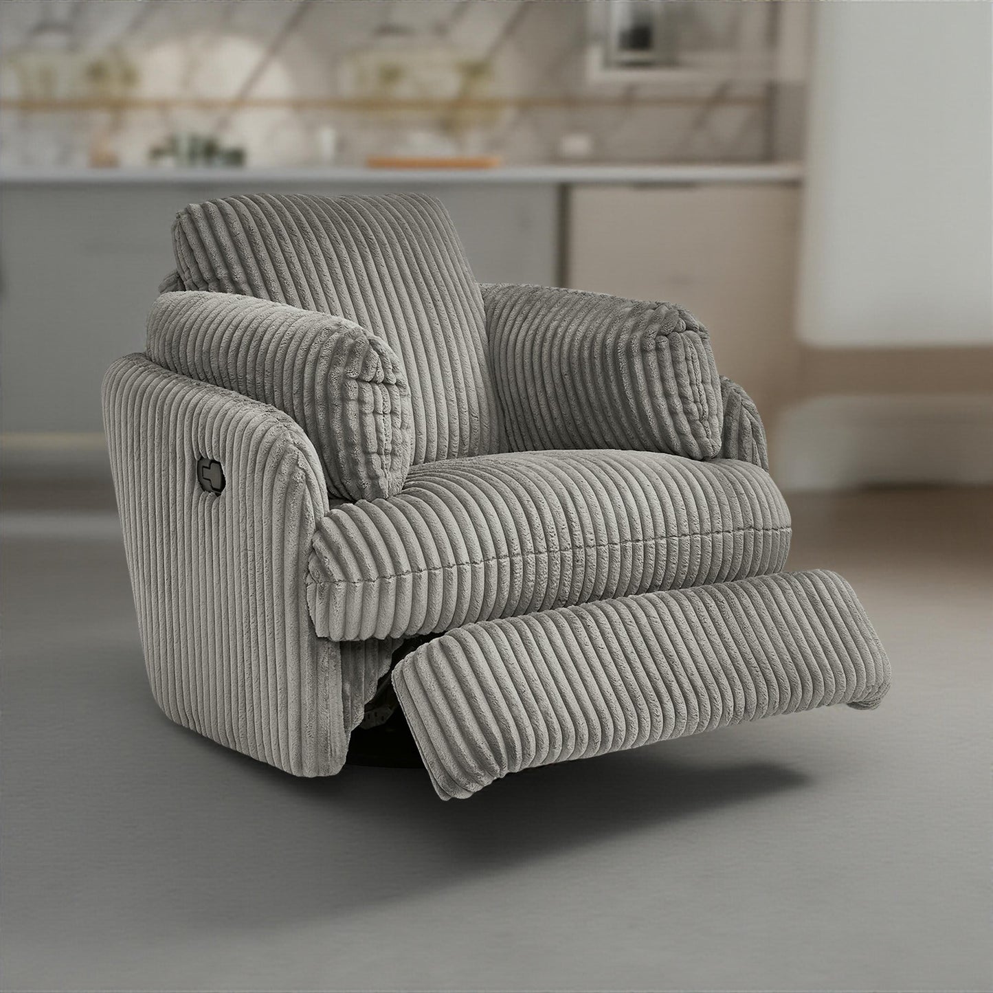 Fauteuil inclinable pivotant et basculant Rikki, cordouroy gris, avec 2 coussins
