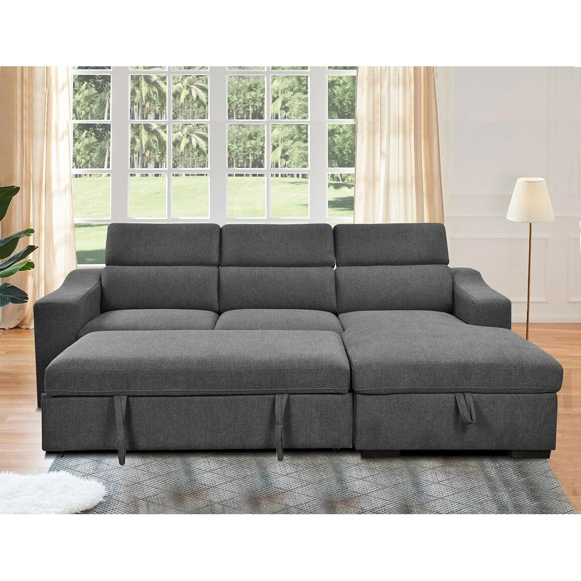 Roomfitters 103 Canapé Sectionnel Convertible avec Chaise Longue de Rangement, Appuie-Têtes Réglables, Canapé d'Angle Longe-Lit en Forme de L, Gris Foncé