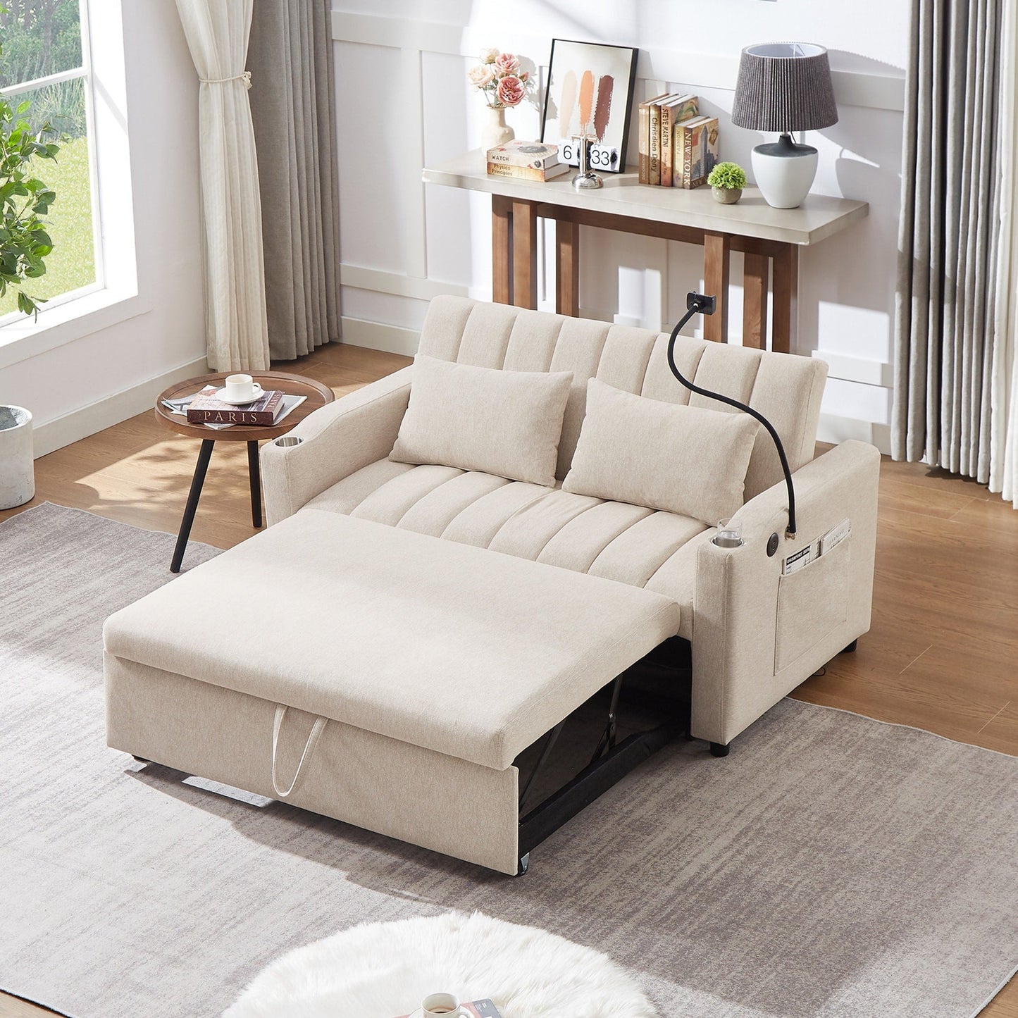 Roomfitters Canapé-lit convertible avec ports USB, poches latérales, porte-gobelets et support de téléphone pivotant pour salon