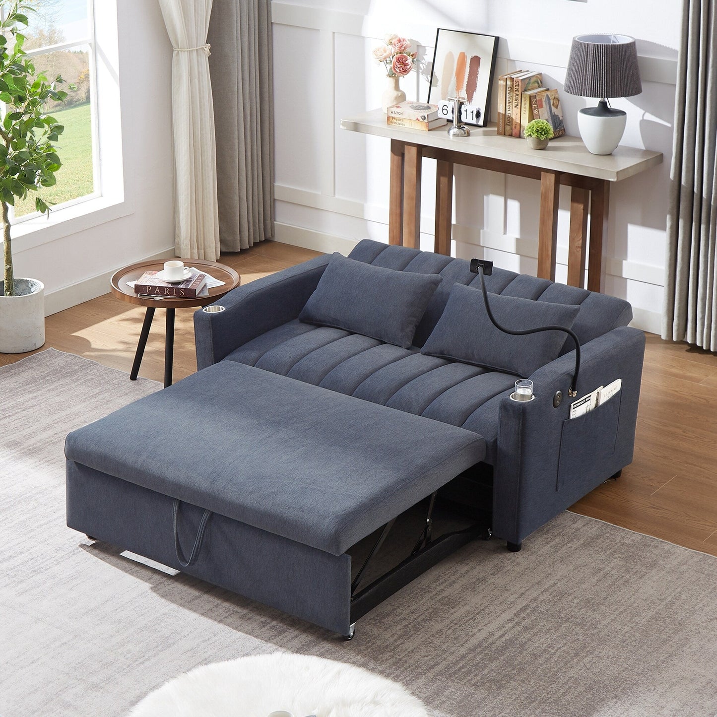 Roomfitters Canapé-lit convertible avec ports USB, poches latérales, porte-gobelets et support de téléphone pivotant pour salon