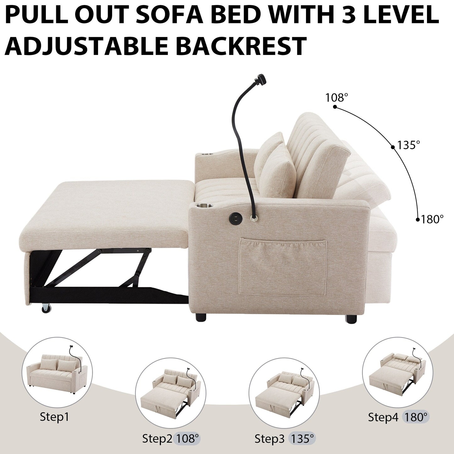 Roomfitters Canapé-lit convertible avec ports USB, poches latérales, porte-gobelets et support de téléphone pivotant pour salon