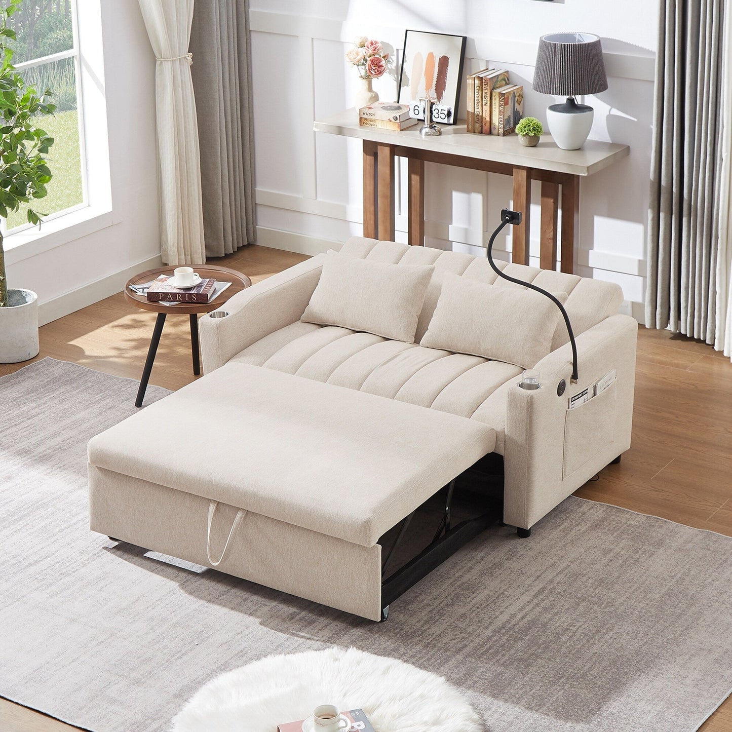 Roomfitters Canapé-lit convertible avec ports USB, poches latérales, porte-gobelets et support de téléphone pivotant pour salon