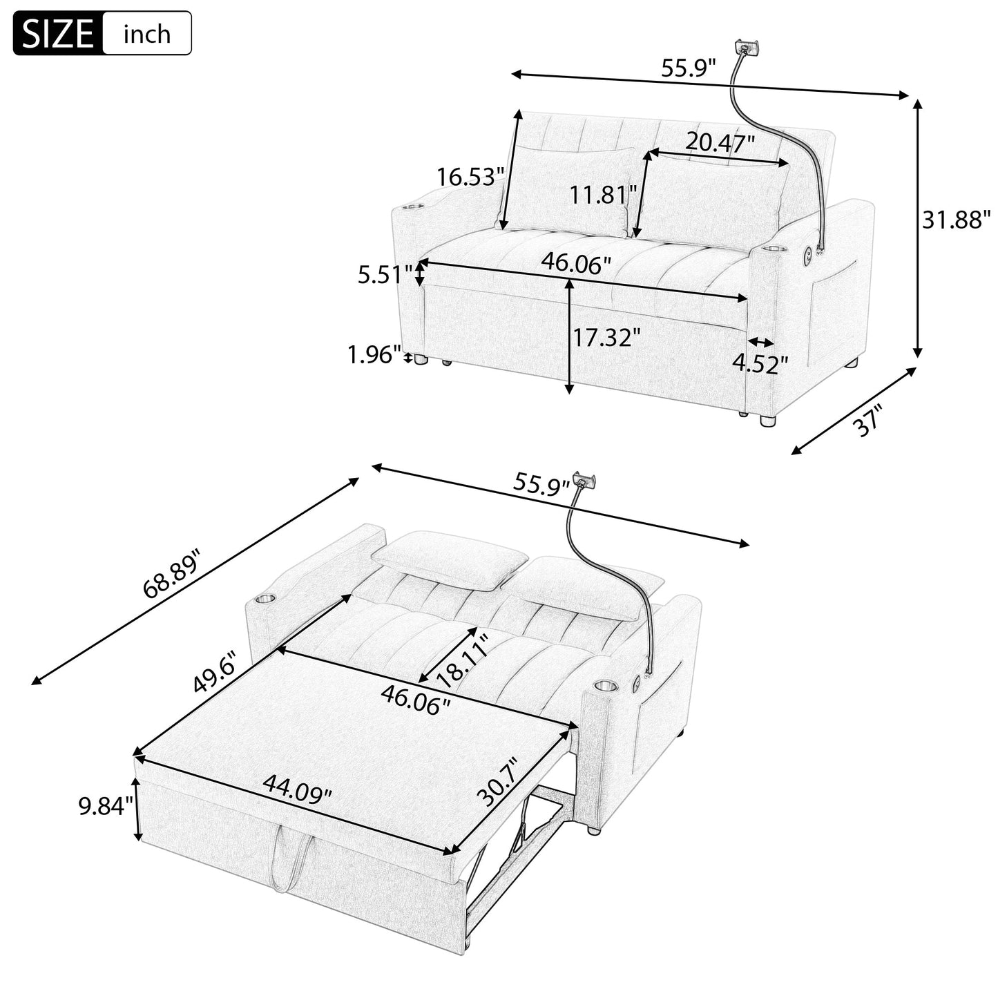 Roomfitters Canapé-lit convertible avec ports USB, poches latérales, porte-gobelets et support de téléphone pivotant pour salon