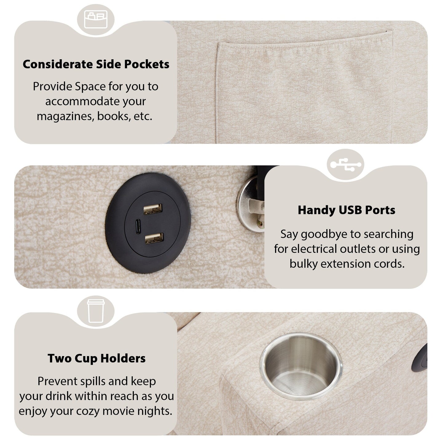 Roomfitters Canapé-lit convertible avec ports USB, poches latérales, porte-gobelets et support de téléphone pivotant pour salon