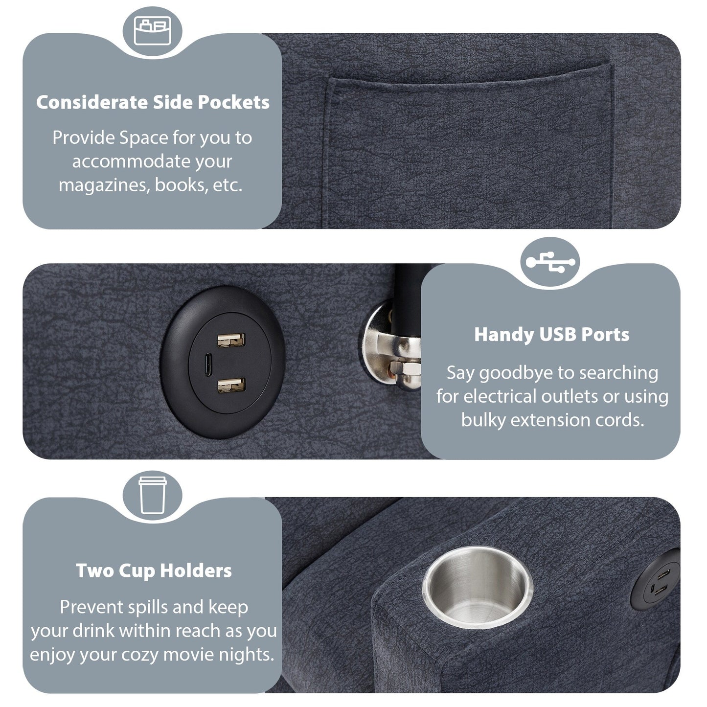 Roomfitters Canapé-lit convertible avec ports USB, poches latérales, porte-gobelets et support de téléphone pivotant pour salon