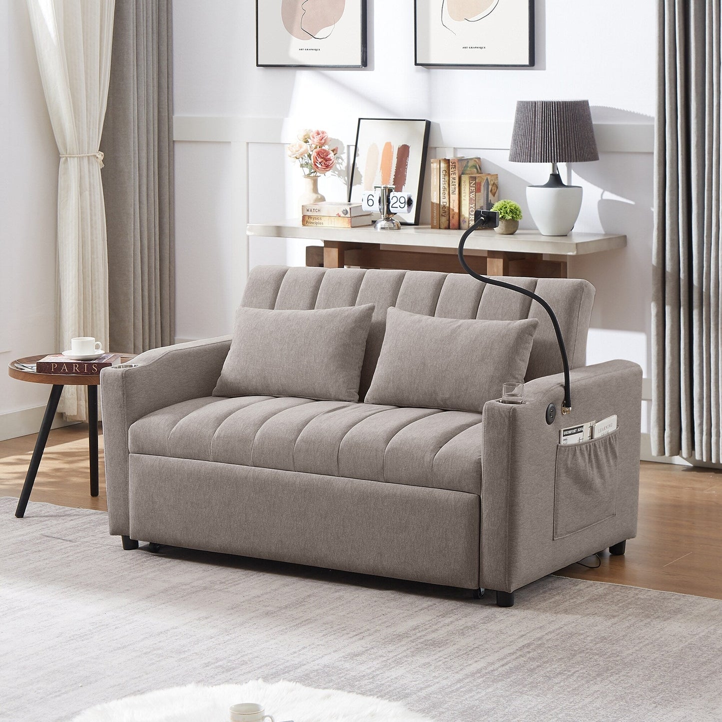 Roomfitters Canapé-lit convertible avec ports USB, poches latérales, porte-gobelets et support de téléphone pivotant pour salon