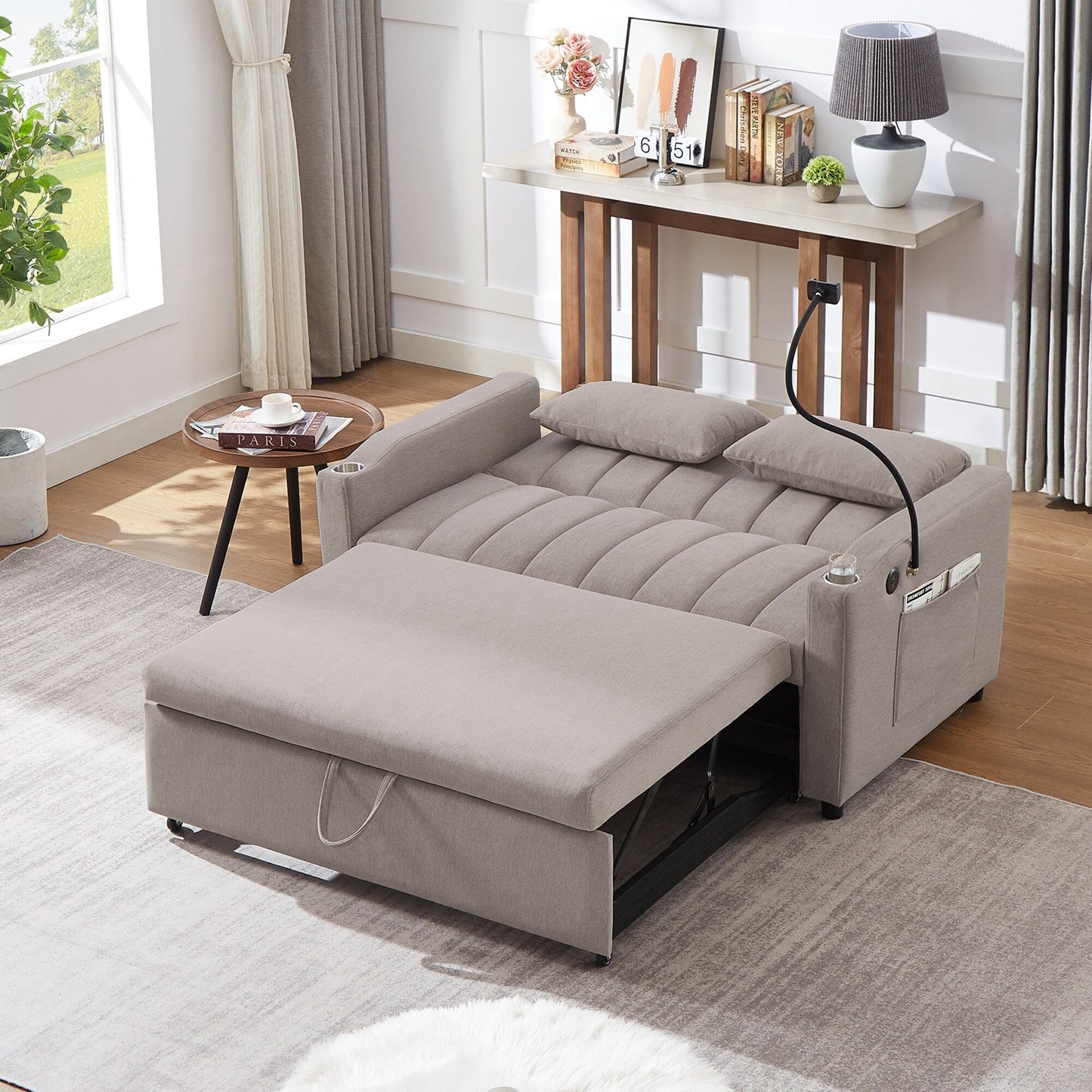 Roomfitters Canapé-lit convertible avec ports USB, poches latérales, porte-gobelets et support de téléphone pivotant pour salon