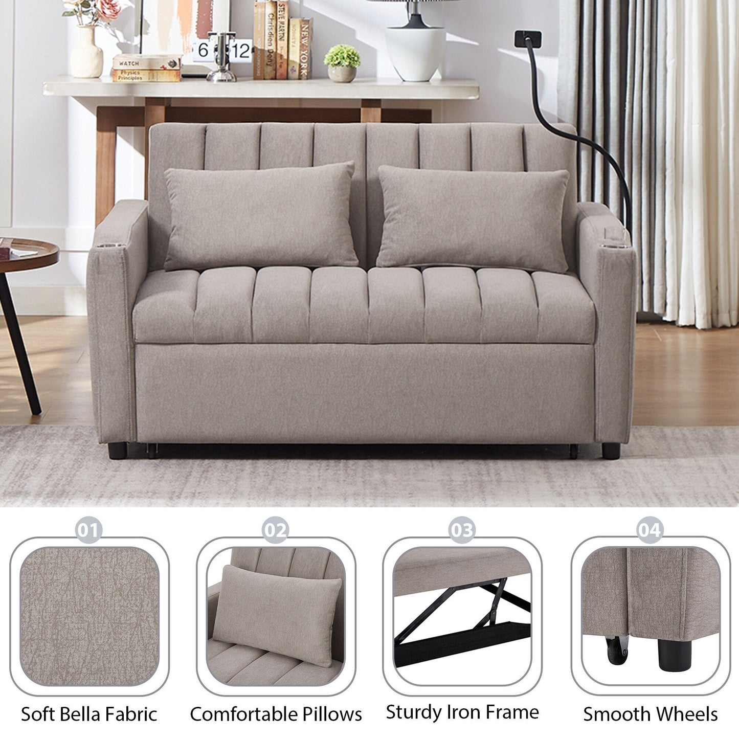 Roomfitters Canapé-lit convertible avec ports USB, poches latérales, porte-gobelets et support de téléphone pivotant pour salon