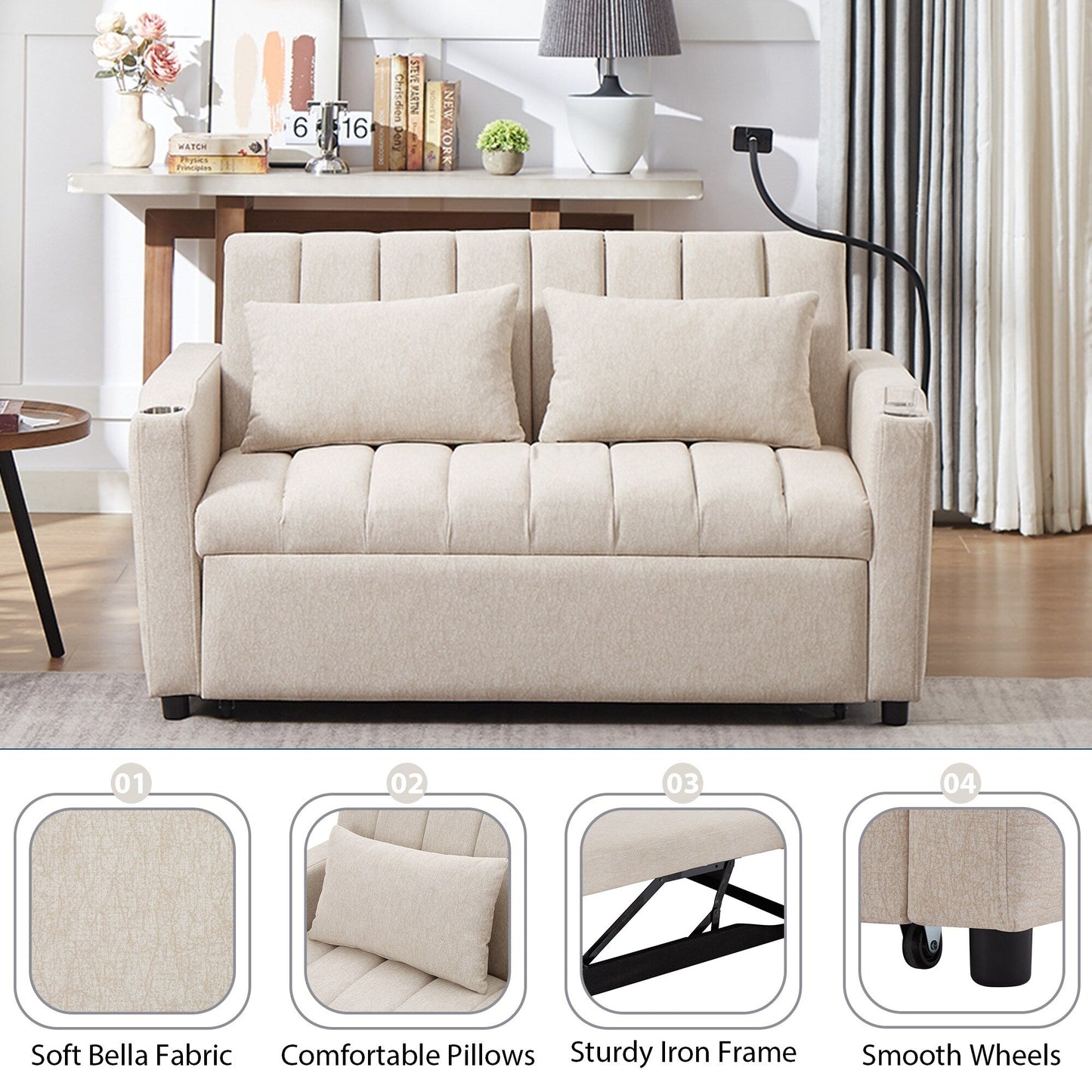 Roomfitters Canapé-lit convertible avec ports USB, poches latérales, porte-gobelets et support de téléphone pivotant pour salon