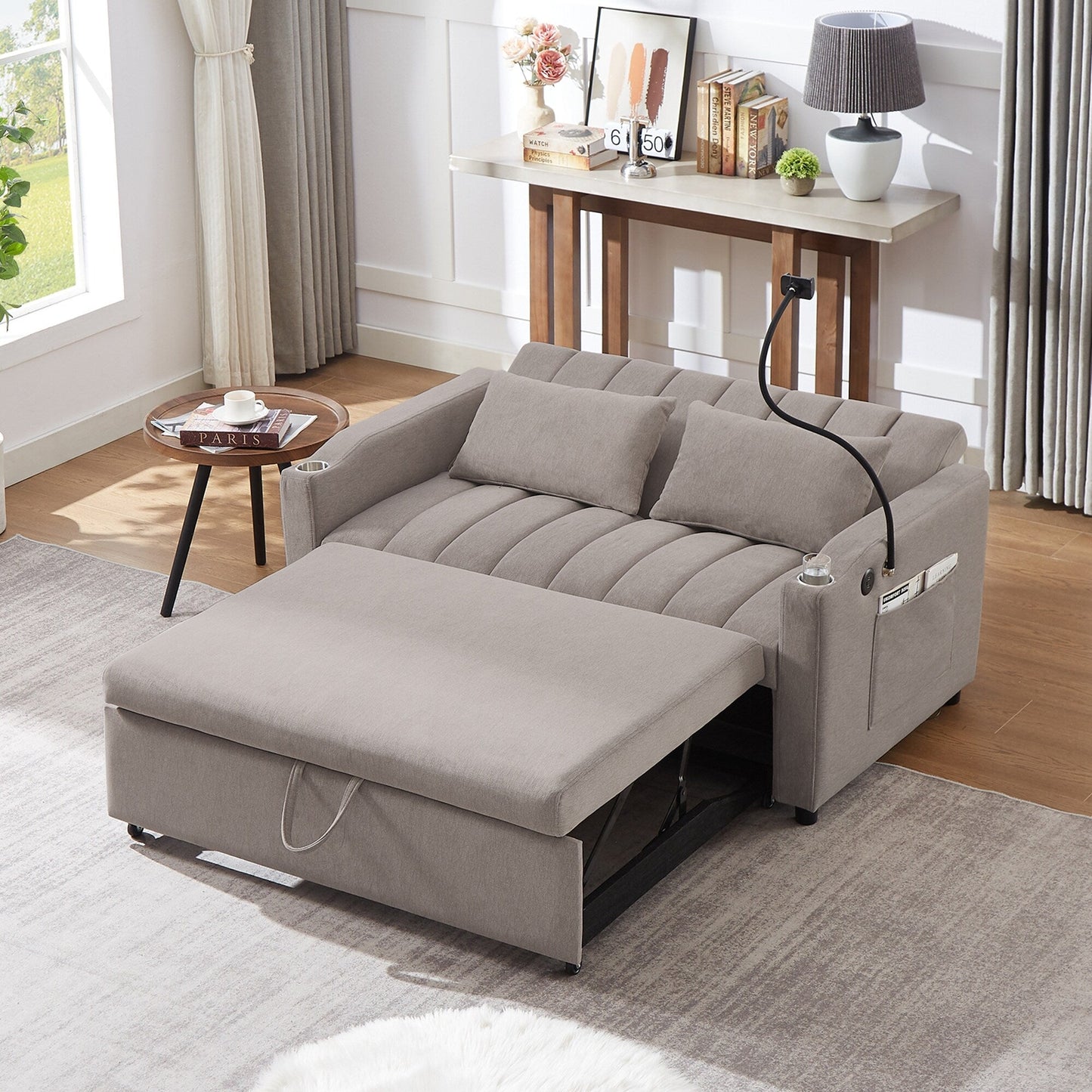 Roomfitters Canapé-lit convertible avec ports USB, poches latérales, porte-gobelets et support de téléphone pivotant pour salon