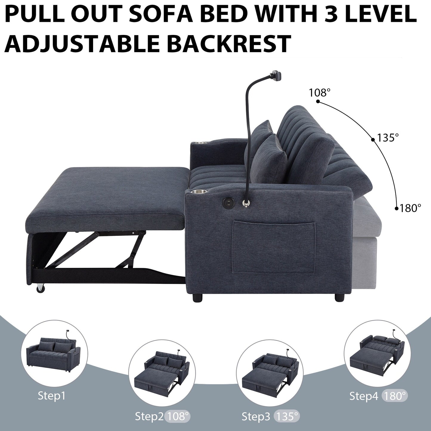 Roomfitters Canapé-lit convertible avec ports USB, poches latérales, porte-gobelets et support de téléphone pivotant pour salon