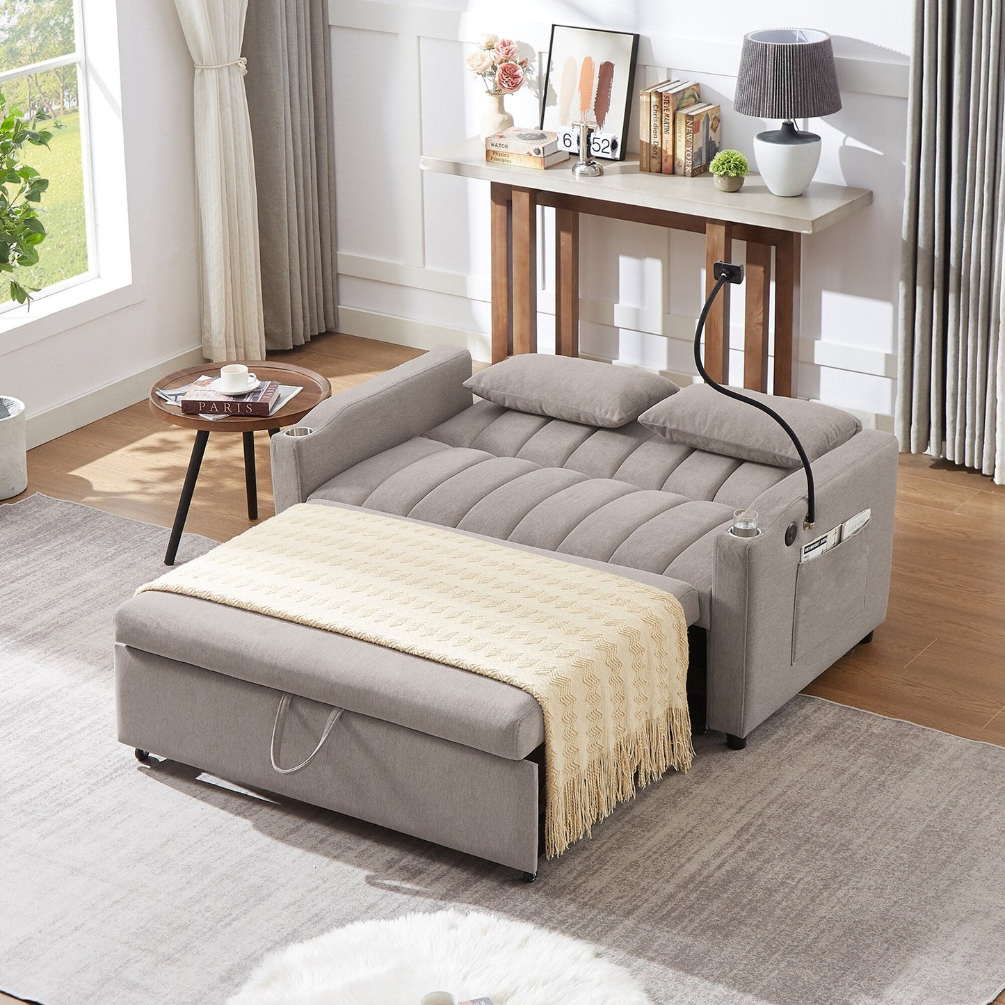 Roomfitters Canapé-lit convertible avec ports USB, poches latérales, porte-gobelets et support de téléphone pivotant pour salon