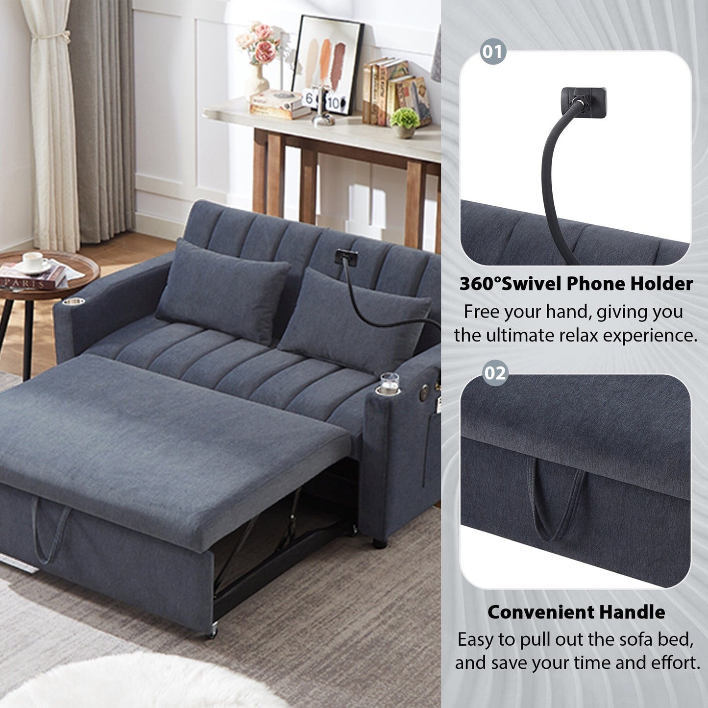 Roomfitters Canapé-lit convertible avec ports USB, poches latérales, porte-gobelets et support de téléphone pivotant pour salon