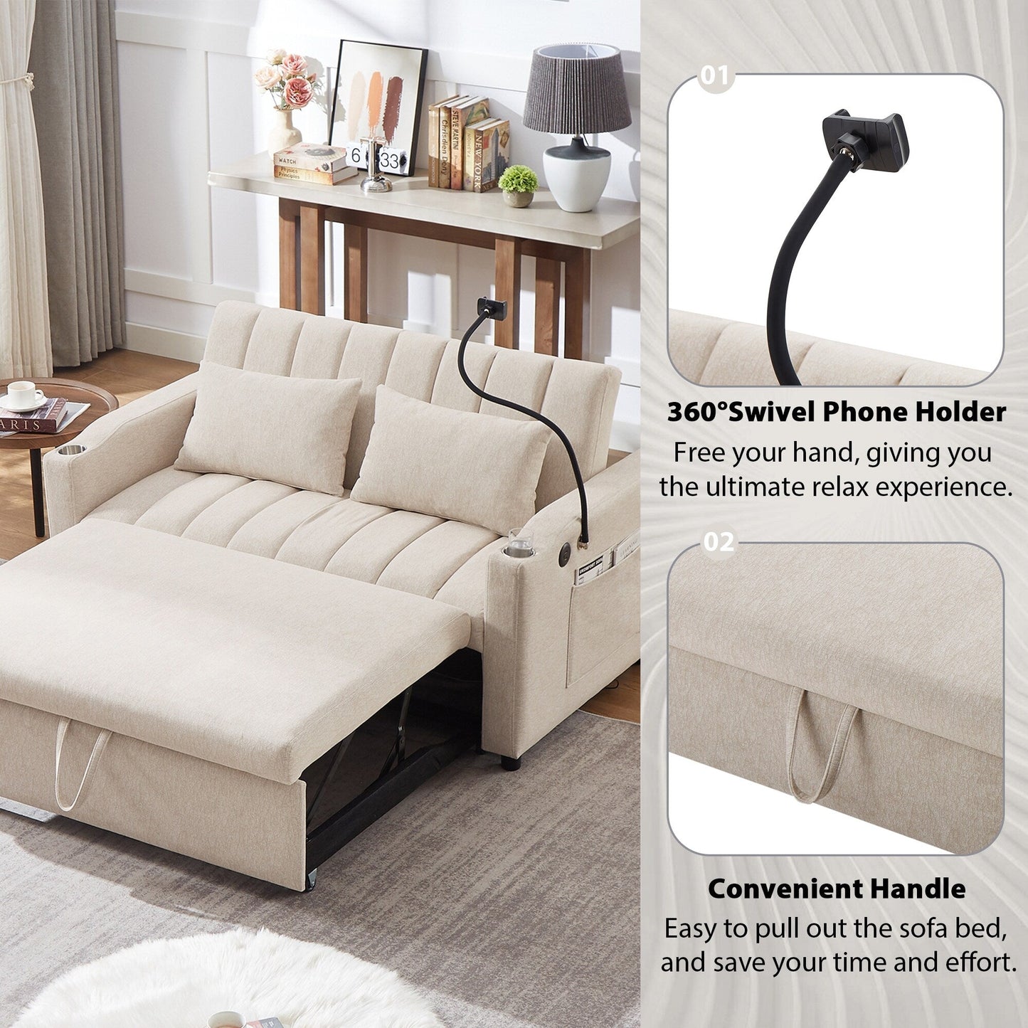 Roomfitters Canapé-lit convertible avec ports USB, poches latérales, porte-gobelets et support de téléphone pivotant pour salon