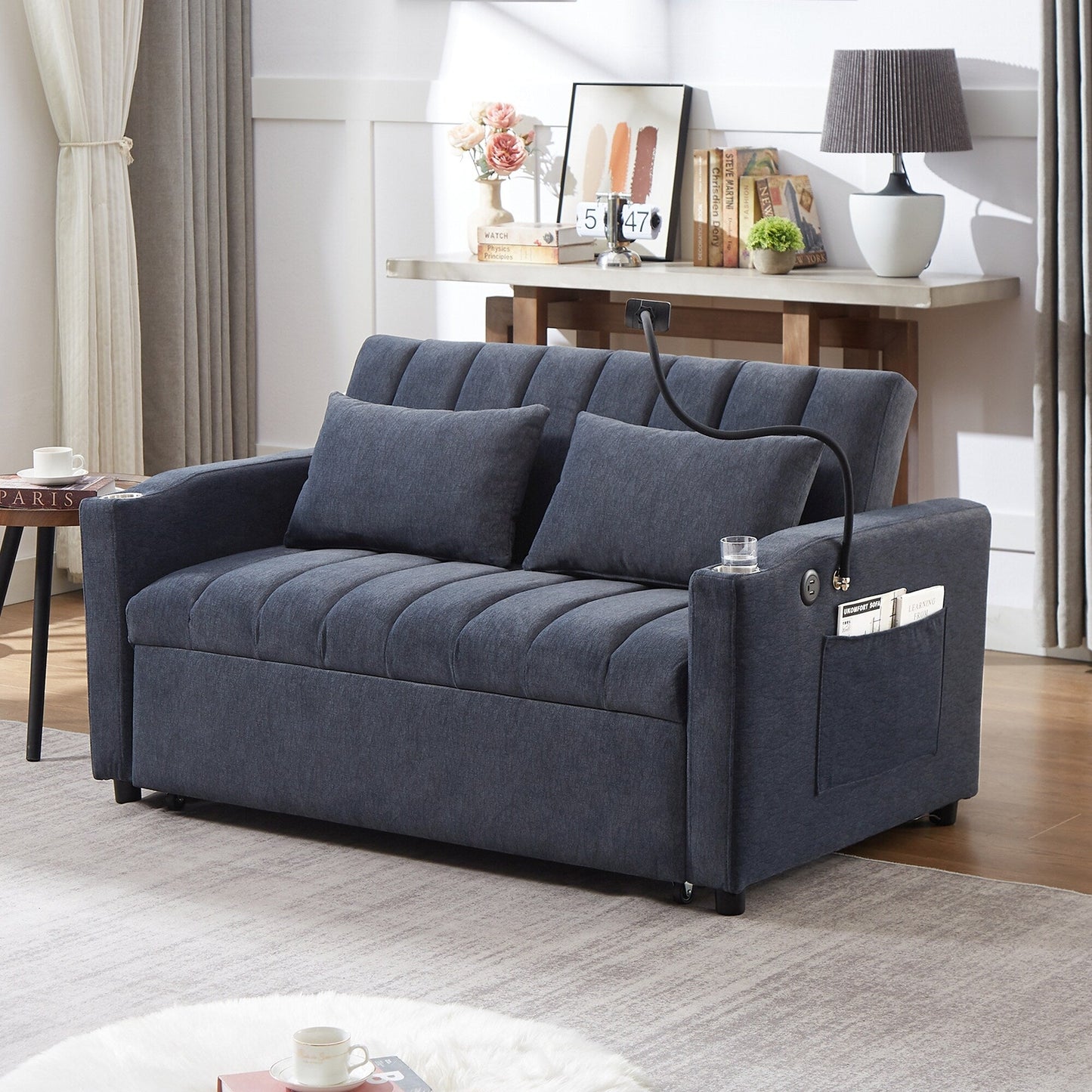Roomfitters Canapé-lit convertible avec ports USB, poches latérales, porte-gobelets et support de téléphone pivotant pour salon