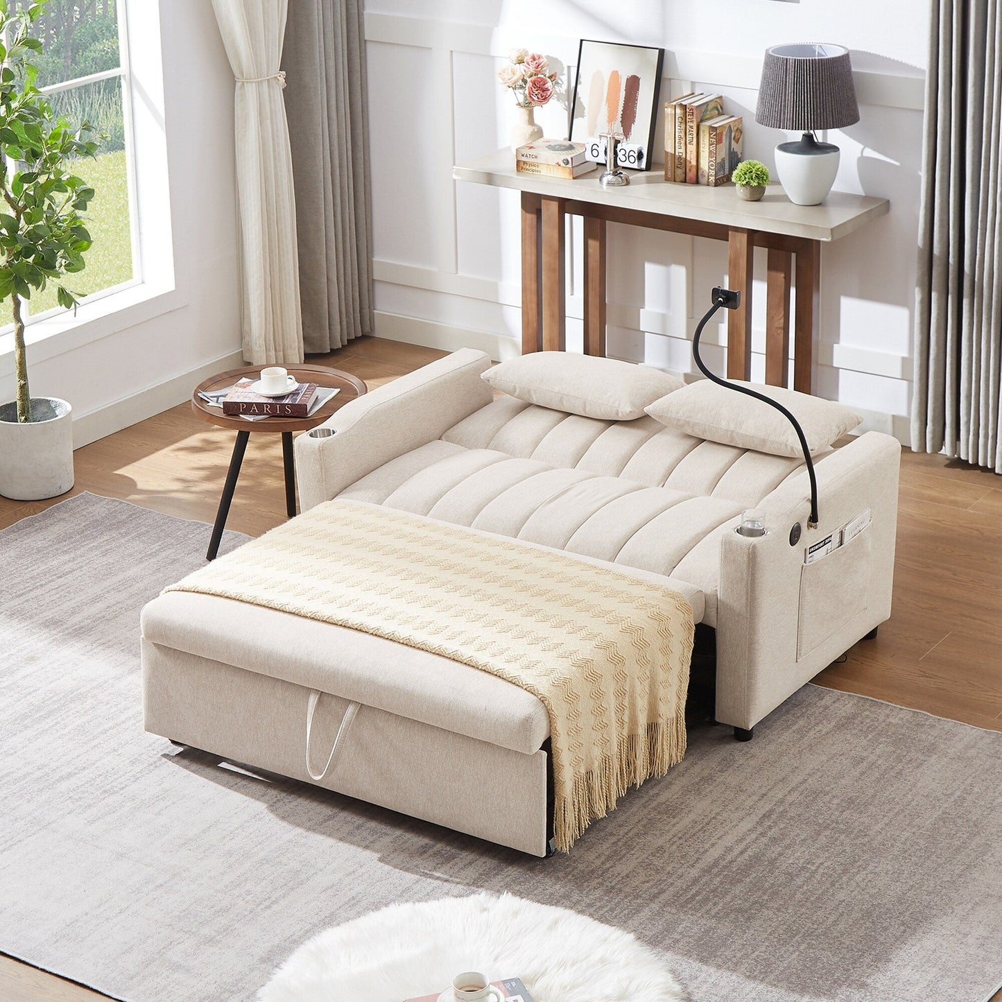 Roomfitters Canapé-lit convertible avec ports USB, poches latérales, porte-gobelets et support de téléphone pivotant pour salon