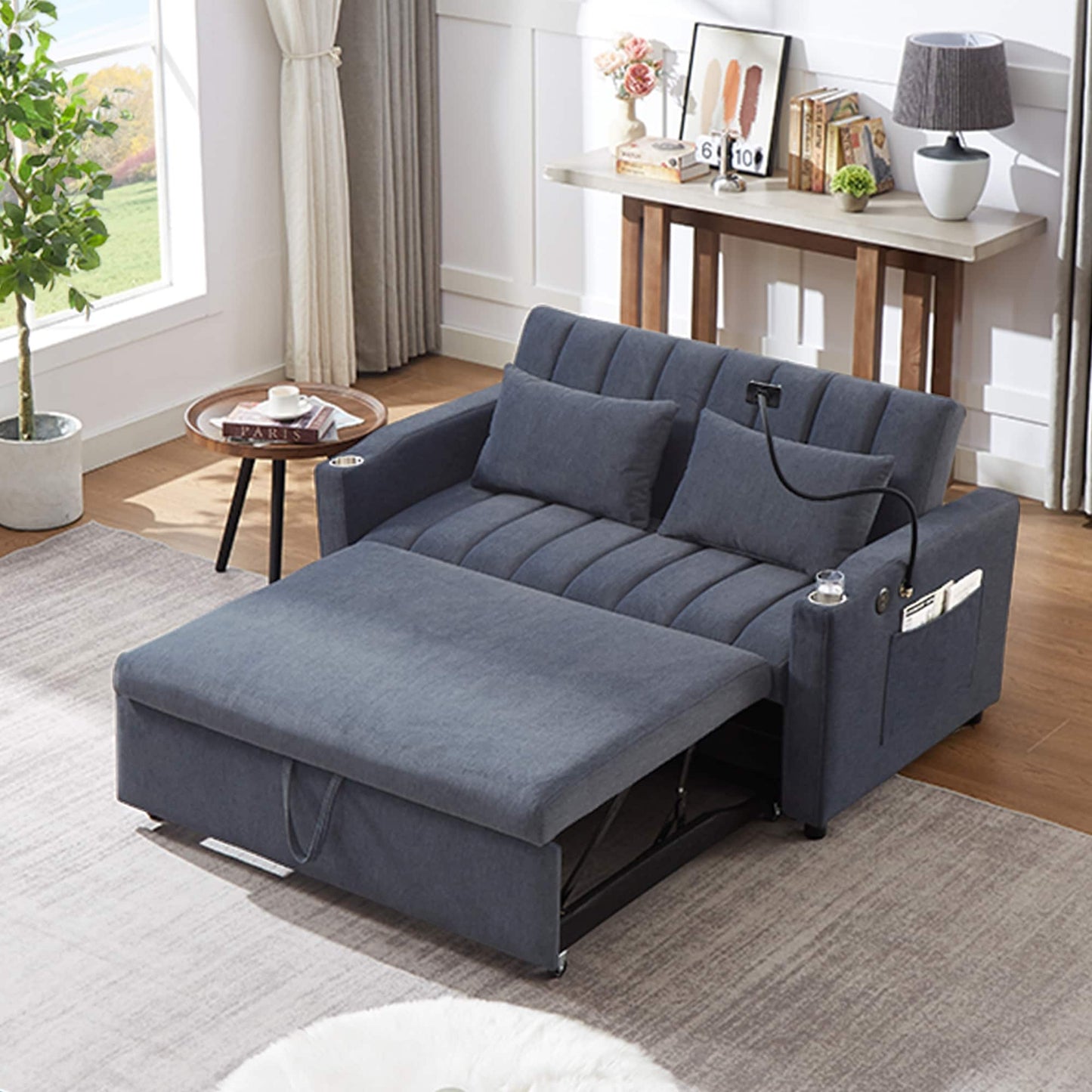 Roomfitters Canapé-lit convertible avec ports USB, poches latérales, porte-gobelets et support de téléphone pivotant pour salon