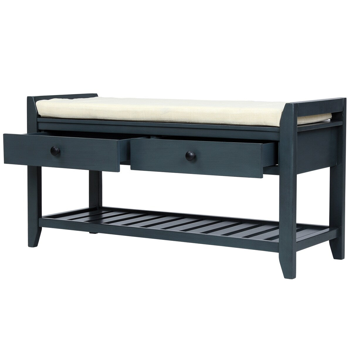 Range-chaussures avec assise rembourrée et tiroirs, banc de rangement multifonctionnel, bleu marine antique - 99L x 35W x 50H (cm)