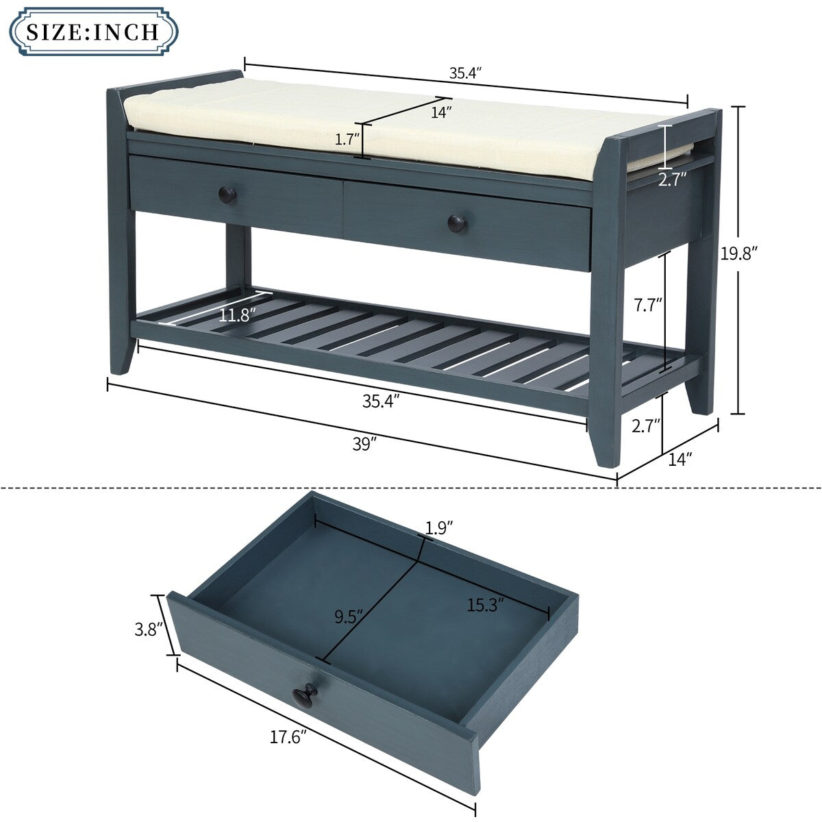 Range-chaussures avec assise rembourrée et tiroirs, banc de rangement multifonctionnel, bleu marine antique - 99L x 35W x 50H (cm)